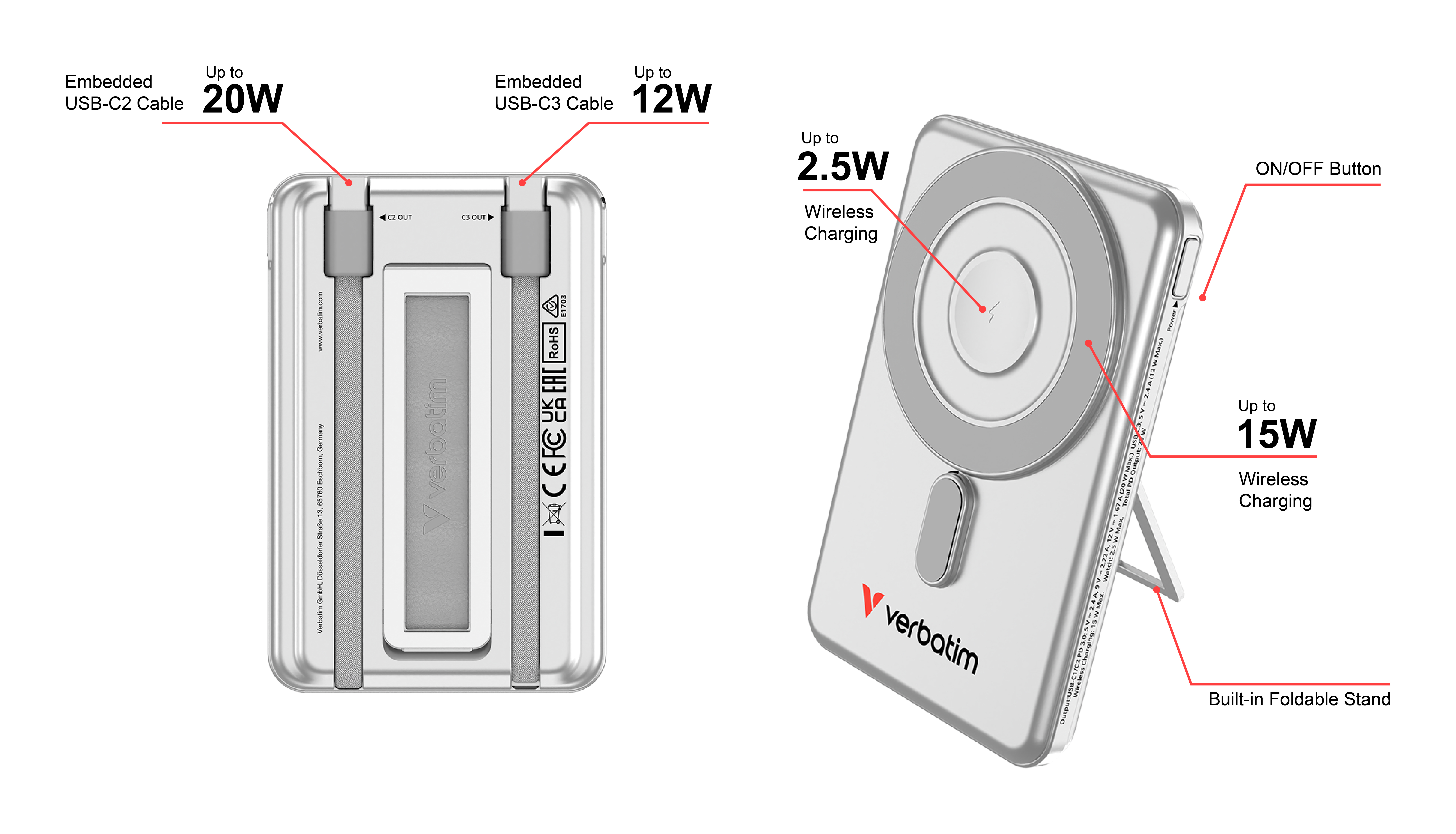 Verbatim Charge´n´ Go 2 USB-C cables 5000 Power Bank Silver, Ansicht 3