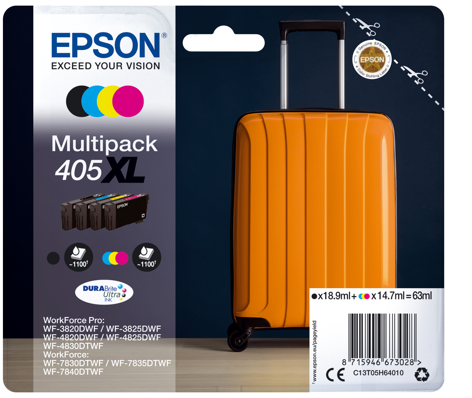 Epson Multipack 4-colours 405XL DURABrite Ultra Ink, Hohe (XL-) Ausbeute, Tinte auf Pigmentbasis, Tinte auf Pigmentbasis, 18,9 ml, 14,7 ml, 1 Stück(e)