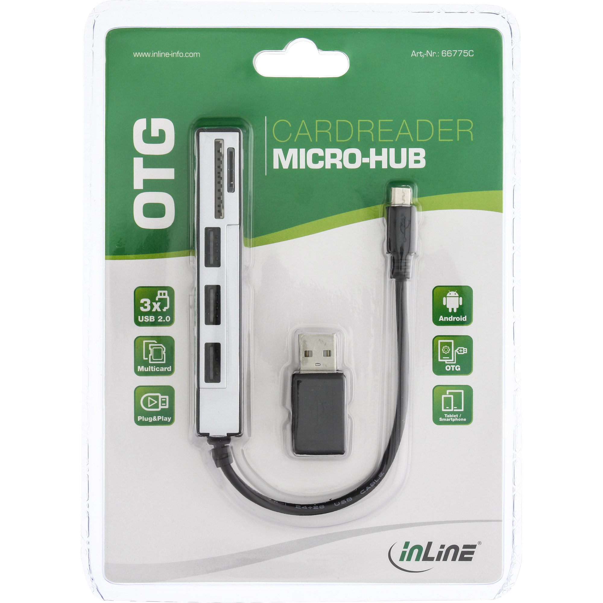 InLine USB OTG Cardreader & 3-fach USB 2.0 Hub - für SDXCmicroSD - mit Adapter