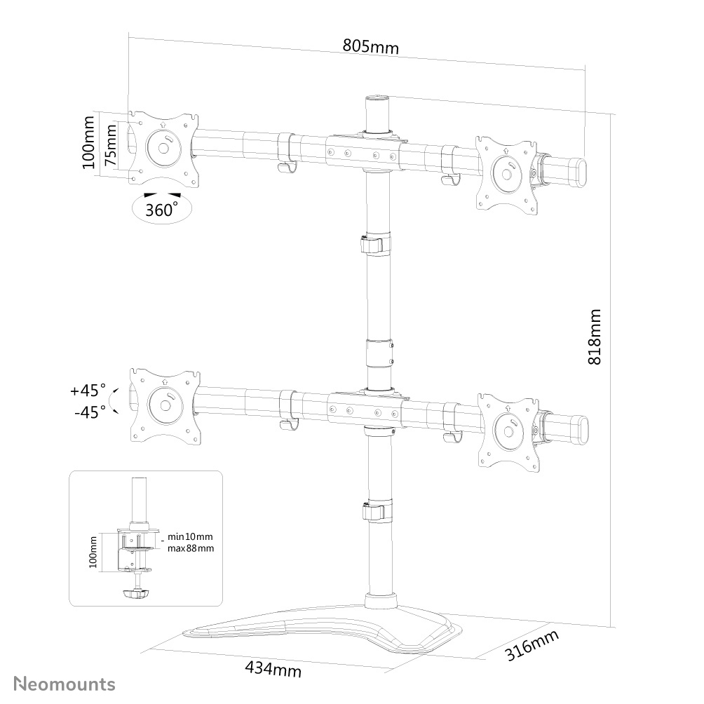 Neomounts NeoMounts NM-D335D4 - Aufstellung - für 4 LCD-Anzeigen (full-motion), Ansicht 2