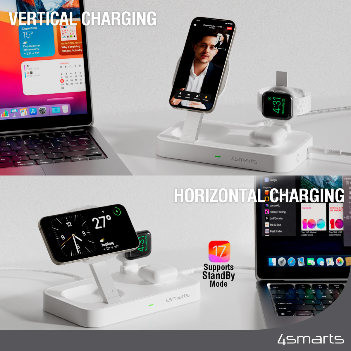 4smarts Trident - Kabelloses Ladegerät - Qi2 + AC-Netzteil - 25 Watt - 1 A (24 pin USB-C), Ansicht 4