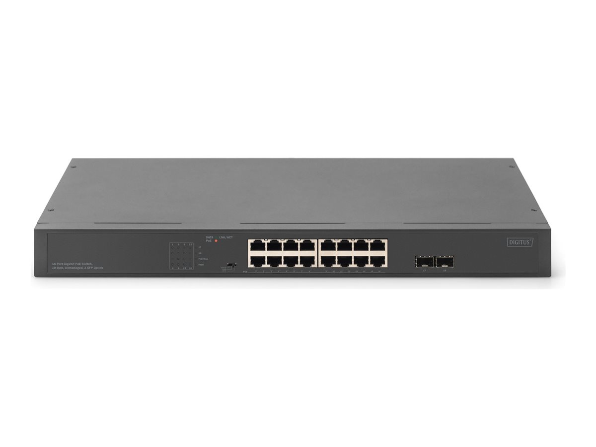 DIGITUS 16-Port Gigabit Netzwerkswitch, 19 Zoll, unmanaged, 2 Uplink Ports, SFP
