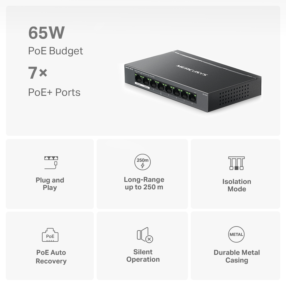 Mercusys MS108GP - Managed - Gigabit Ethernet (10/100/1000) - Vollduplex - Power over Ethernet (PoE) - Wandmontage, Ansicht 3