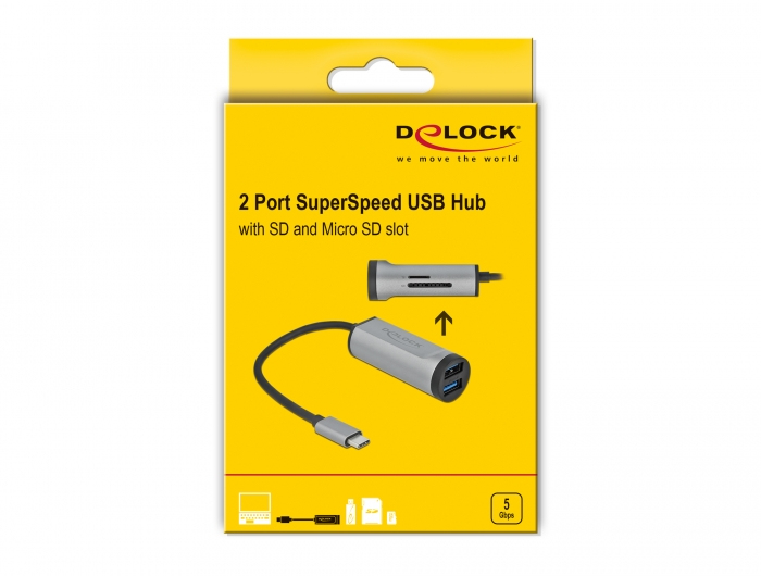 Delock 2 Port USB 3.2 Gen 1 Hub with USB Type-C Connection and SD + Micro SD Slot