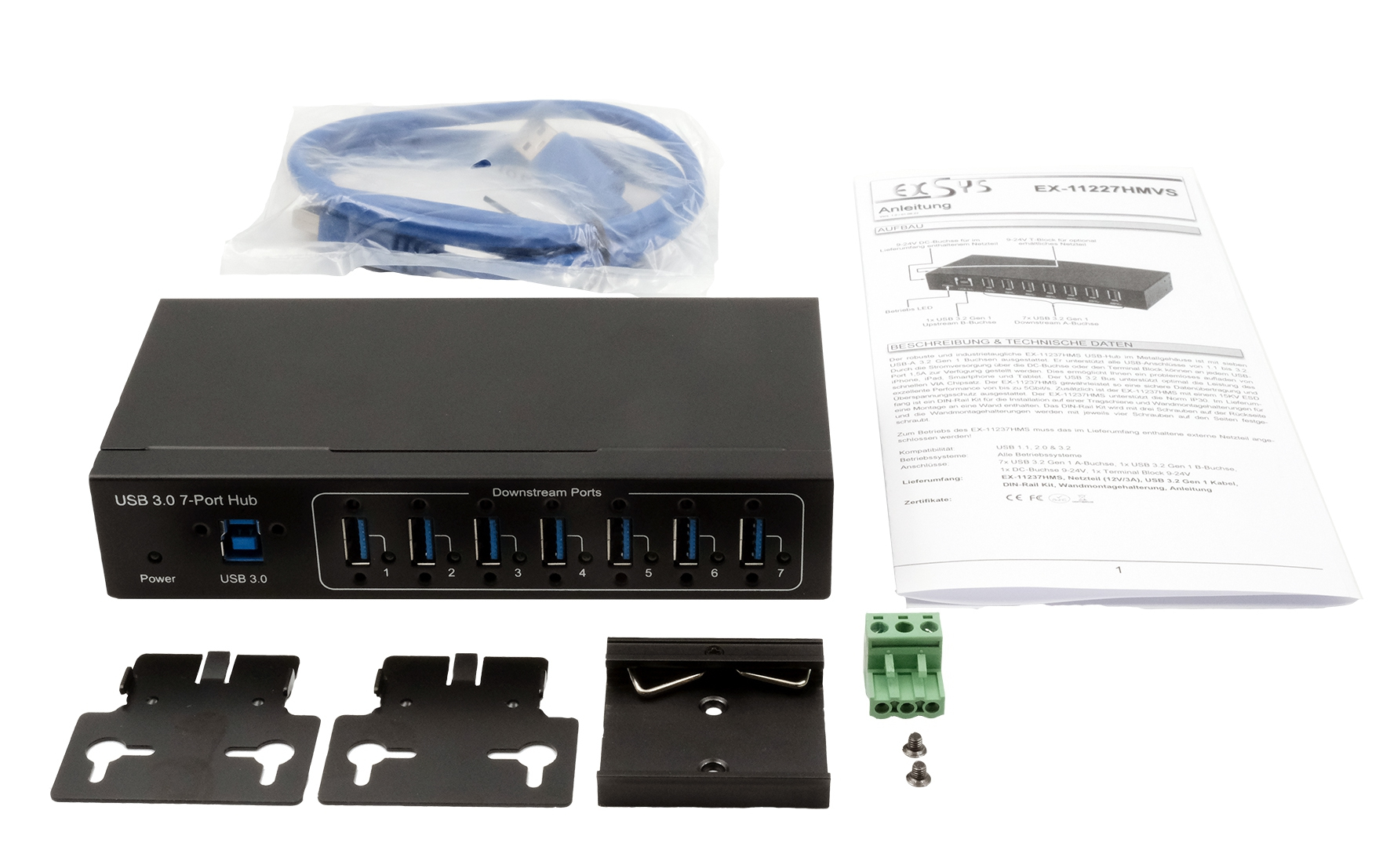 Exsys USB 3.2 HUB 7-Port Gen1 inkl.USB-Kab inkl.USB-Kabel DIN-Rail-Kit, Ansicht 2