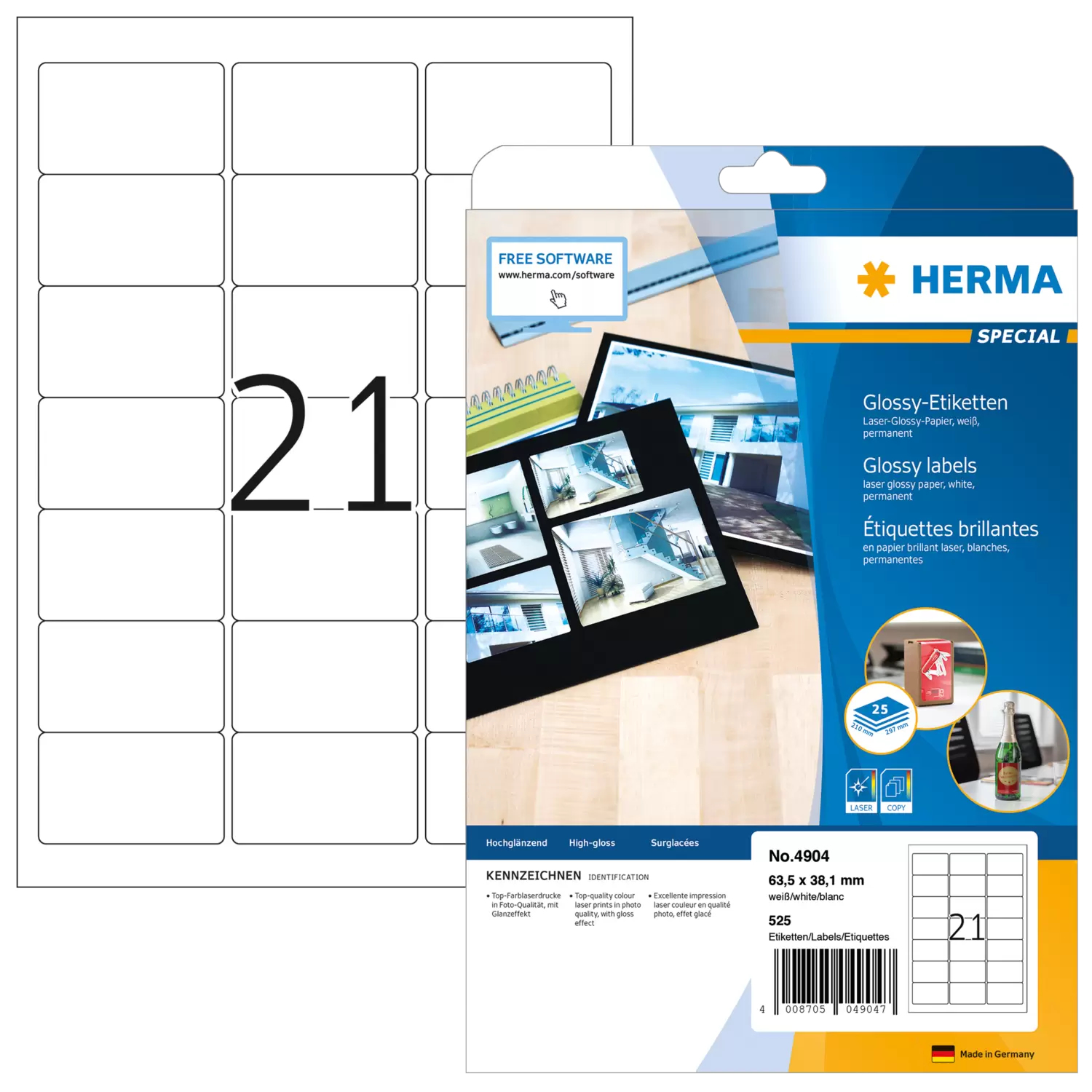 HERMA Special - Papier - hochglänzend - permanent selbstklebend - weiß - 63.5 x 38.1 mm 525 Etikett(en) (25 Bogen x 21), Ansicht 4