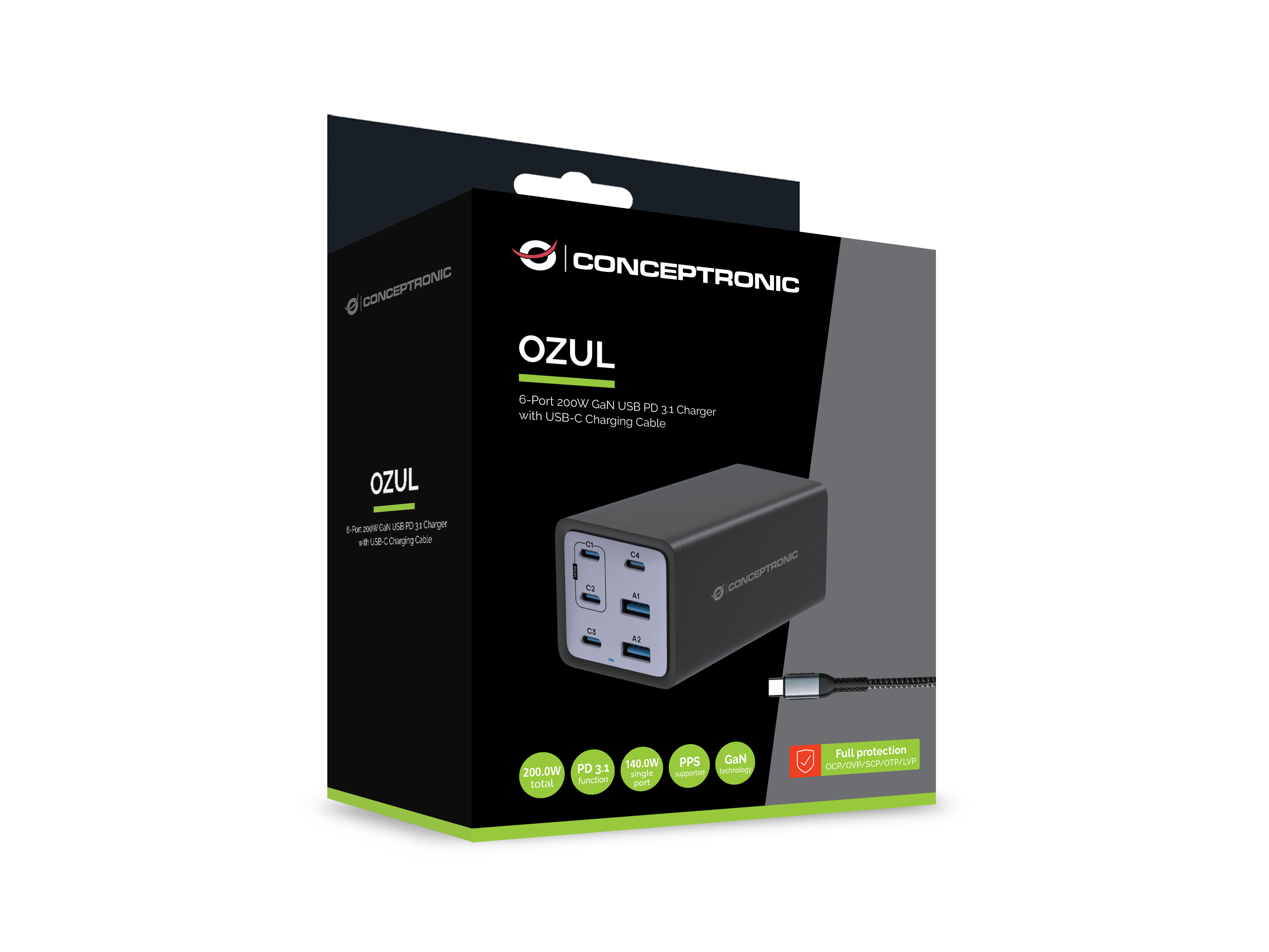 Conceptronic OZUL06BE 6-Port 200W USB-C Ladegerät, Ansicht 3