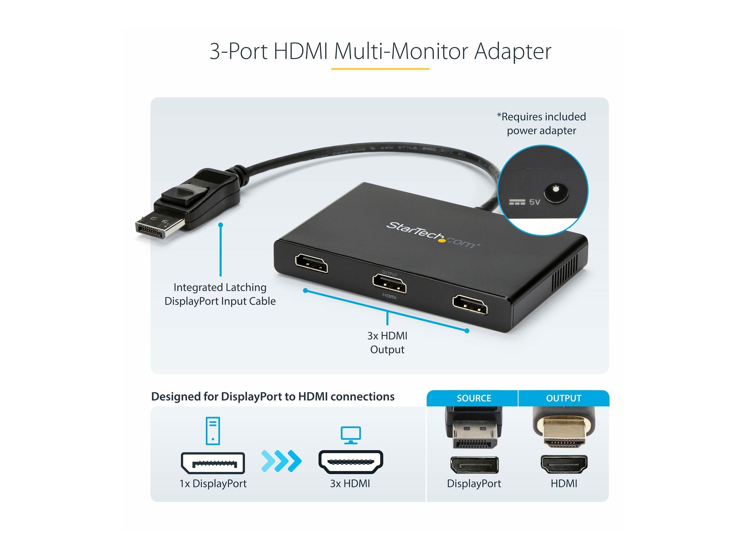 StarTech.com Startech 3-Port Multi Monitor Adapter - DisplayPort 1.2 auf 3x HDMI MST Hub - Triple 1080p HDMI Monitore - Video Splitter für den erweiterten Desktop-Modus nur auf Windows-PCs - DP auf 3x HDMI (MSTDP123HD)
