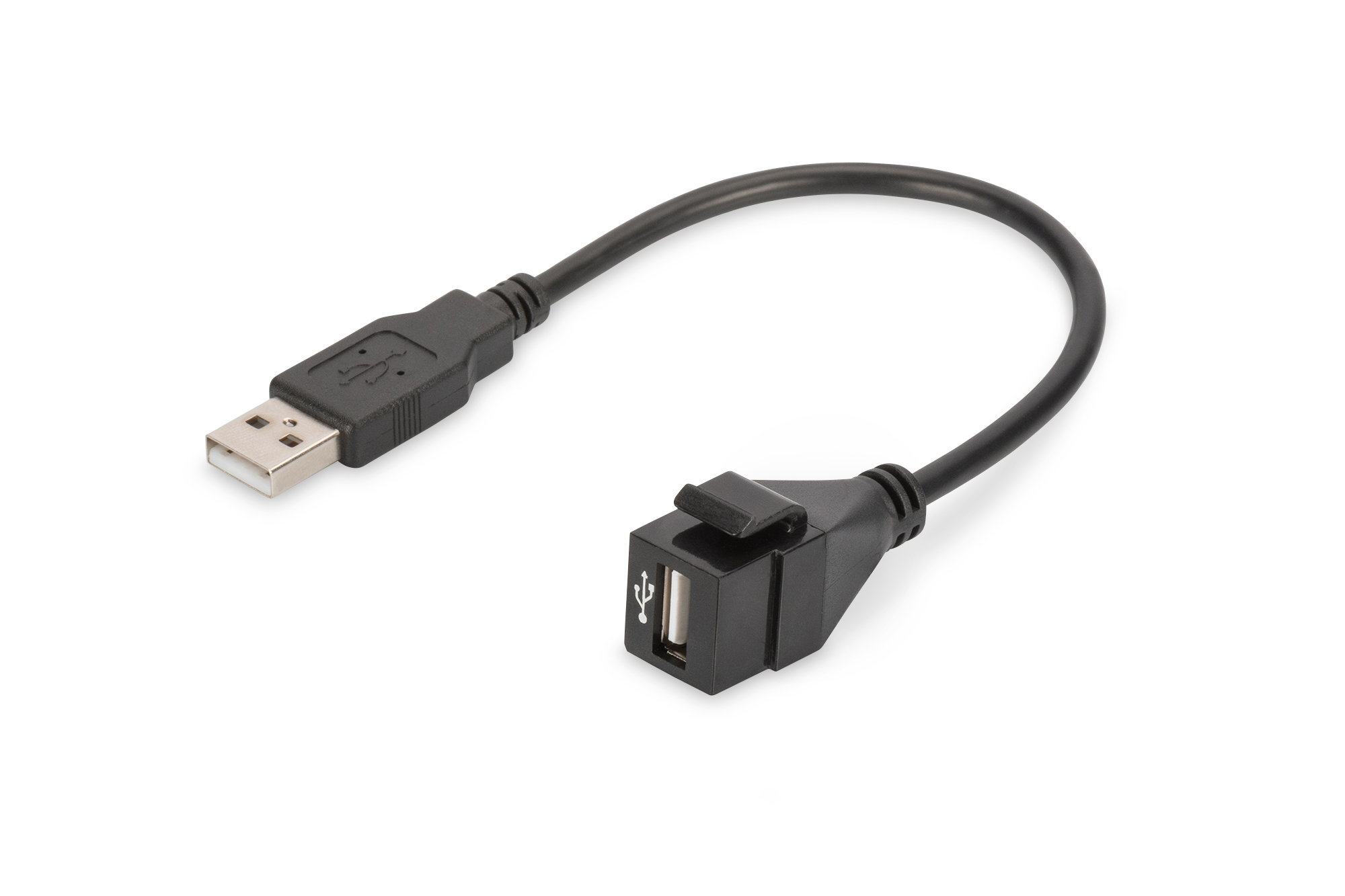 DIGITUS USB 2.0 Keystone Modul mit 16 cm Kabel (Buchse/Stecker), Flach, Schwarz, USB A, USB A, Weiblich, Männlich