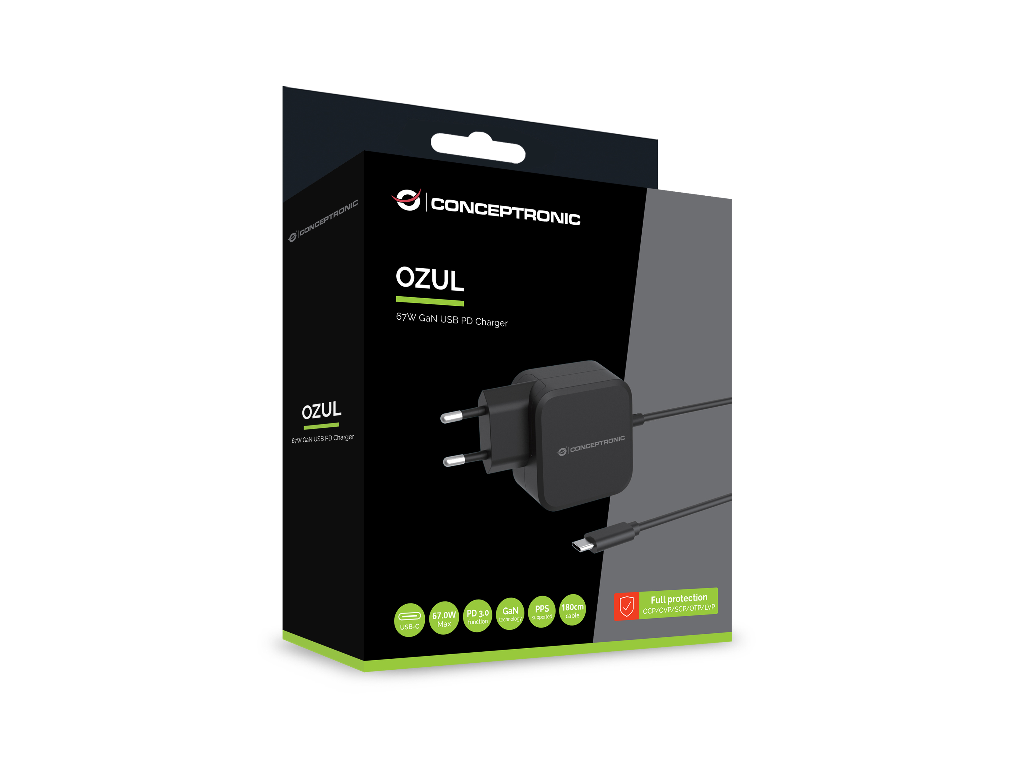 Conceptronic OZUL04BE 67W GaN USB-PD-Ladegerät - Eingebautes USB-C-Kabel - Drinnen - AC - 21 V - 1,8 m - Schwarz, Ansicht 3