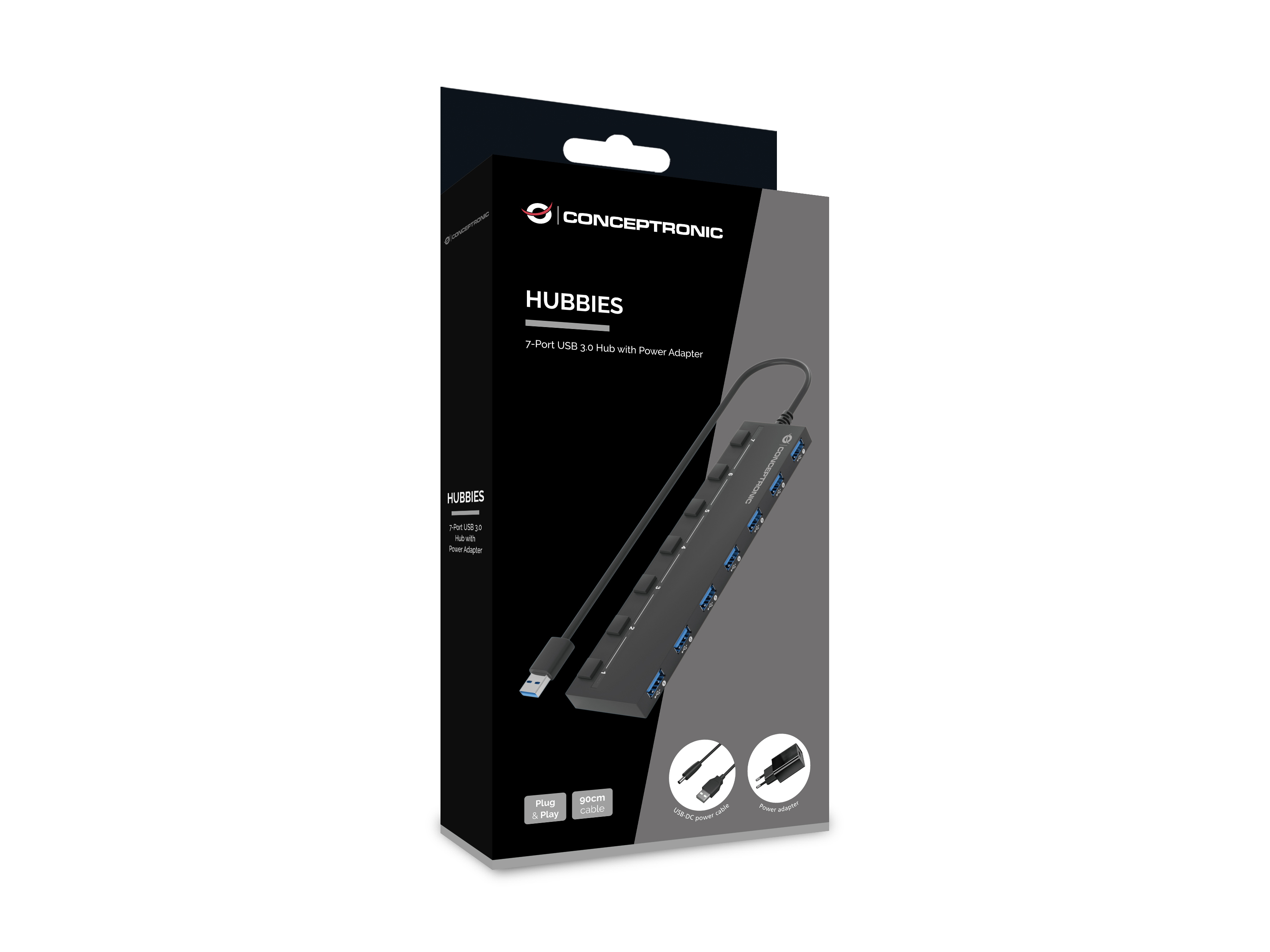 Conceptronic HUBBIES19BP 7-Port-USB 3.0-Hub mit Netzteil - 90 cm Kabel - einzelner Netzschalter - USB 3.2 Gen 1, Ansicht 3