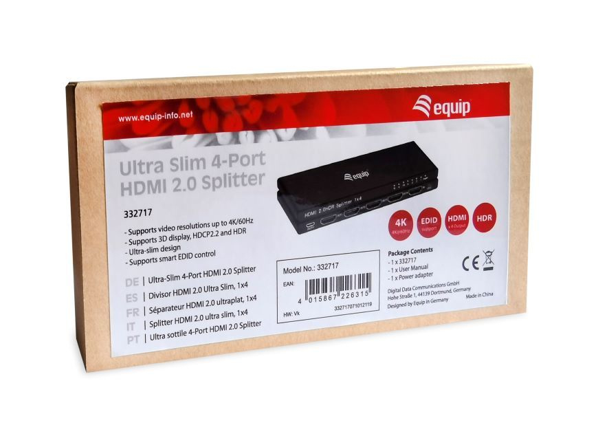 Equip Ultra-Slim 4-Port HDMI 2.0 Splitter - HDMI - 4x HDMI - 3840 x 2160 Pixel - Schwarz - Aluminium - 4K Ultra HD, Ansicht 4
