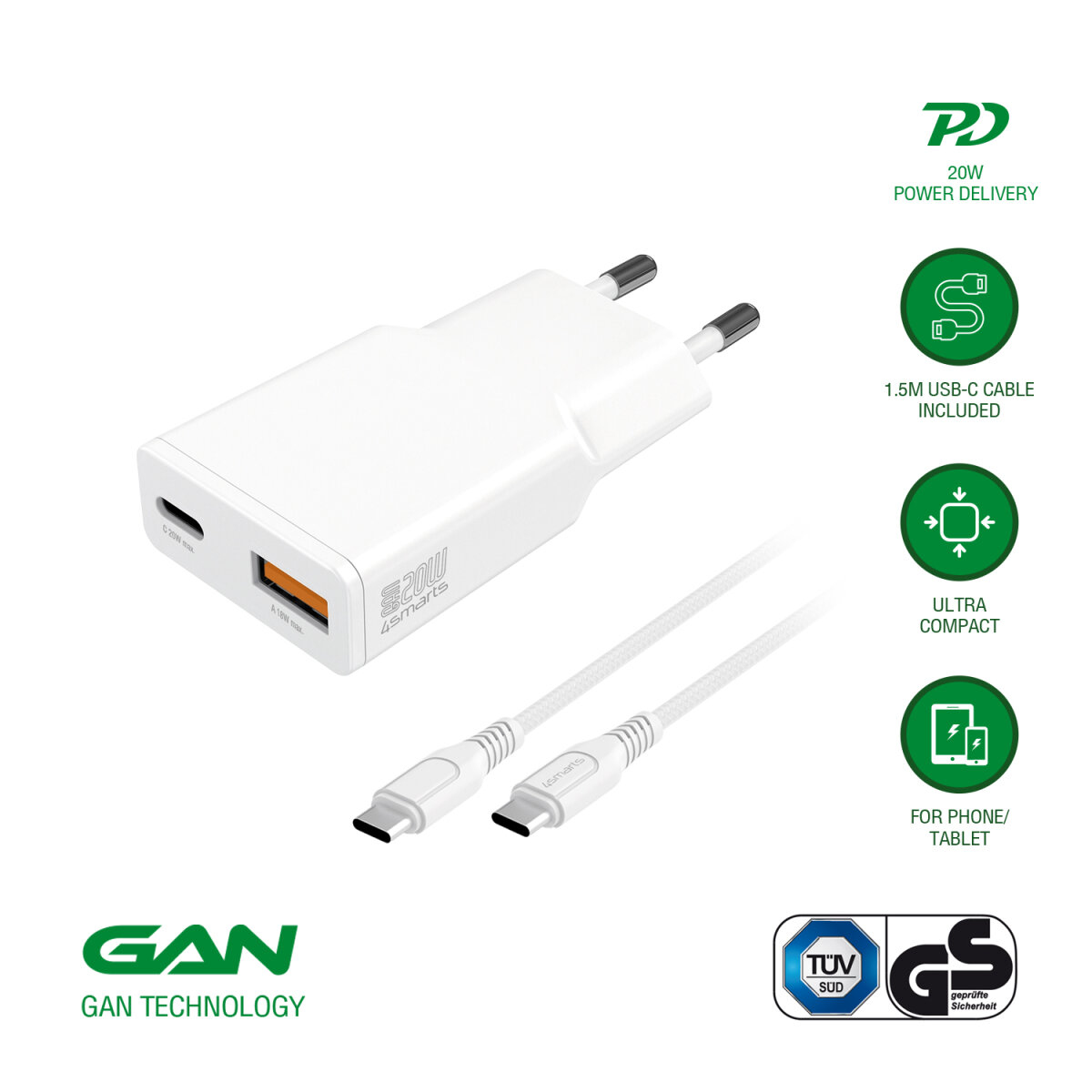4smarts Netzladegerät PDPlug Slim Duos GaN 1C und USB-C Kabel, Ansicht 2