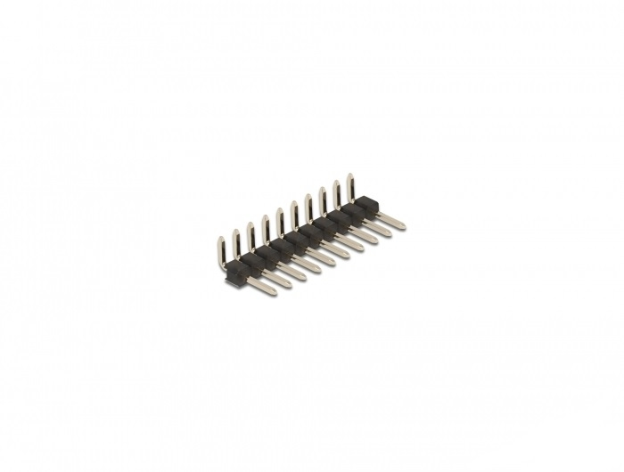 Delock Stiftleiste 10 Pin, Rastermaß 2,54 mm, 1-reihig, gewinkelt, 5 Stück, Stiftleiste, Schwarz, Metallisch, Metall, Kunststoff, 230 °C, Abgewinkelt, 500 V