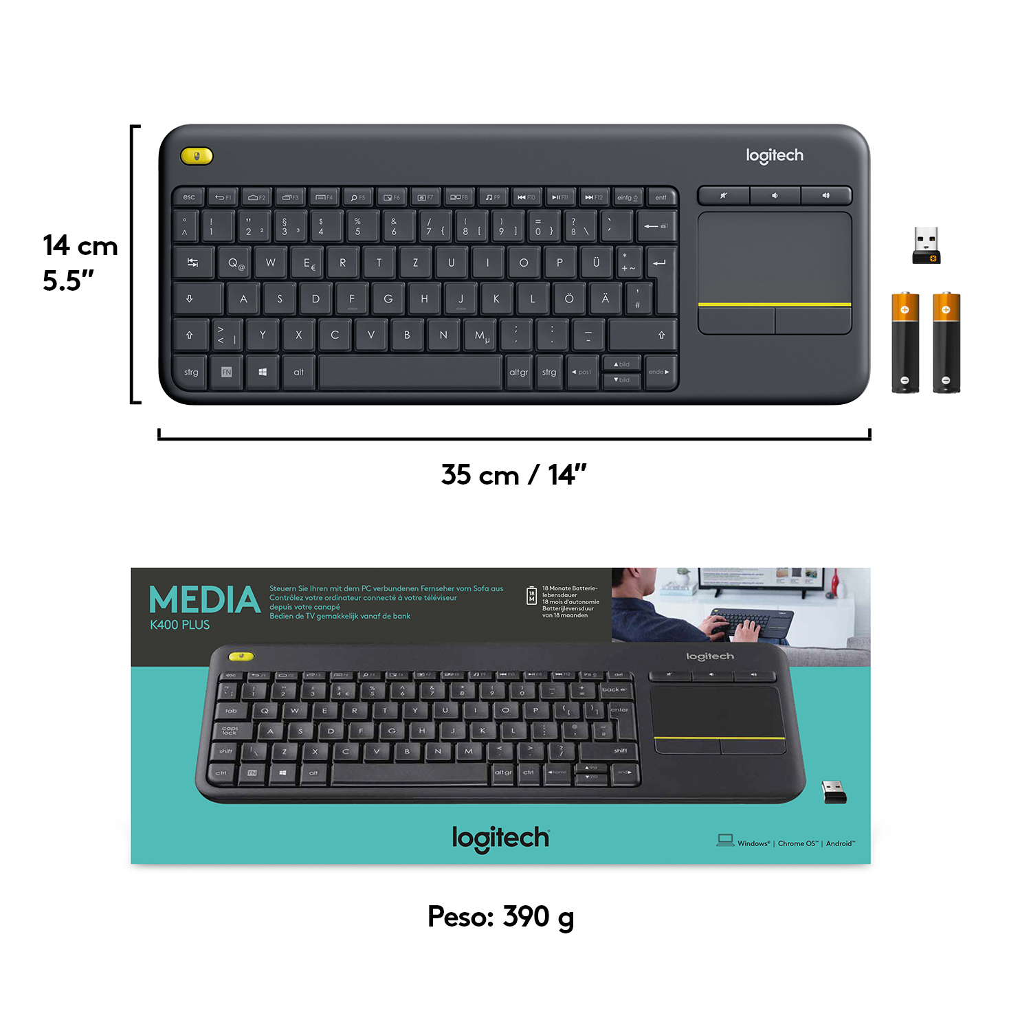 Logitech Wireless Touch Keyboard K400 Plus - Tastatur - TL: Italienisch, QWERTY, Ansicht 2