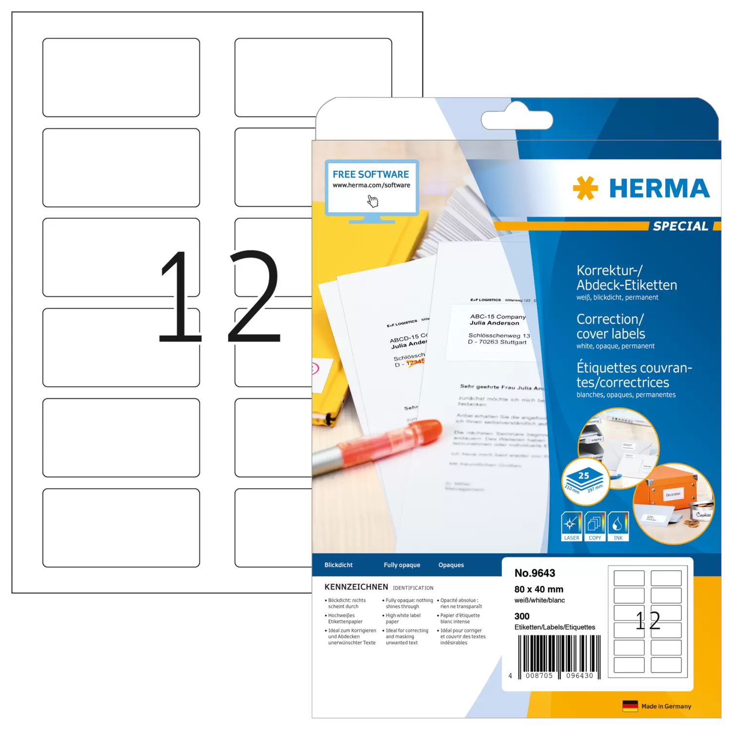 HERMA Special - Papier - matt - permanent selbstklebend - weiß - 80 x 40 mm 300 Etikett(en) (25 Bogen x 12), Ansicht 4