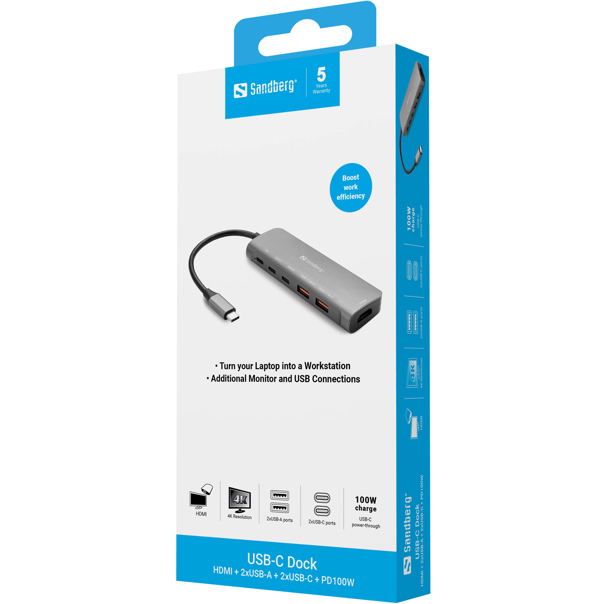 SANDBERG USB-C Dock HDMI+ 2xUSB-A+ 2xUSB-C+ PD100W, Ansicht 2