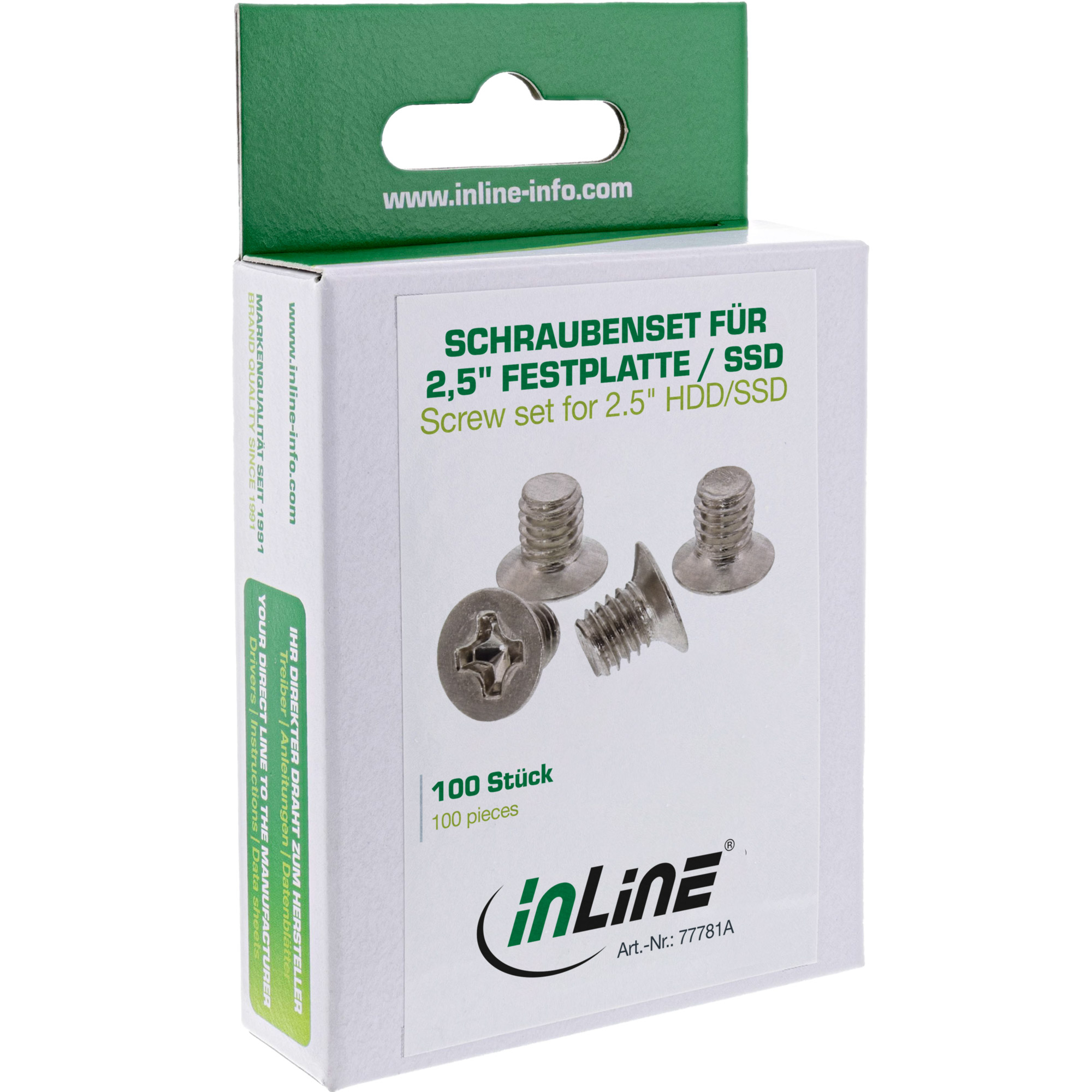 InLine Schraubenset - f. 2,5" HDD/SSD - 3mm - flacher Senkkopf - silber 100er Pack, Ansicht 3
