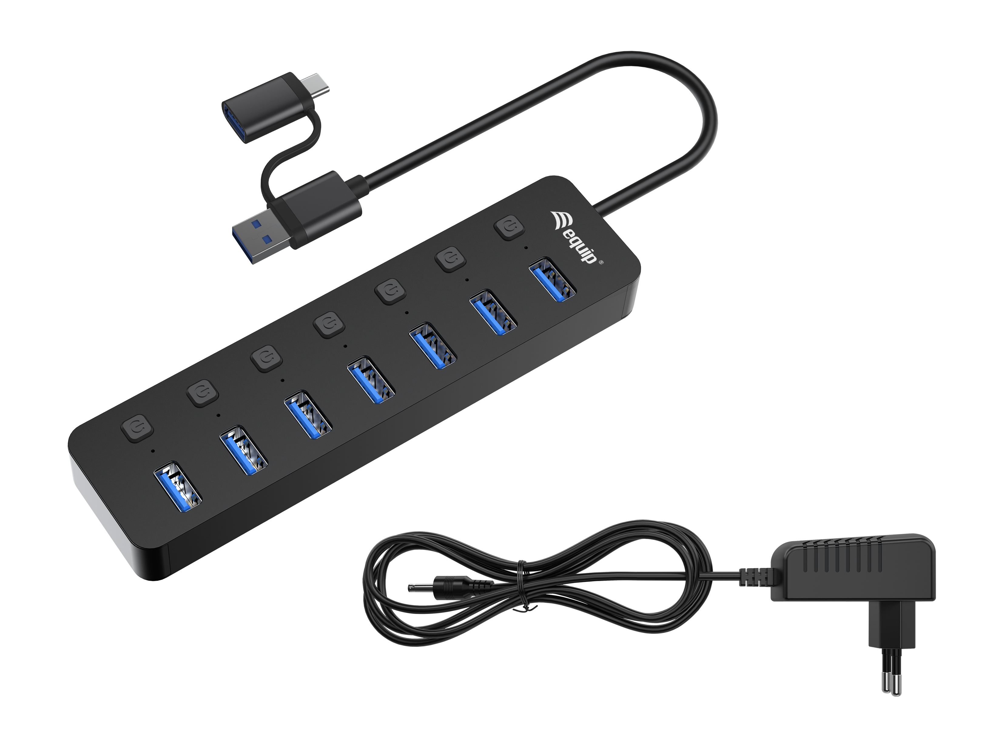 Equip USB-Hub 7-Port 3.2 ->7x3.2 5Gbps m.Netzteil sw, Ansicht 2