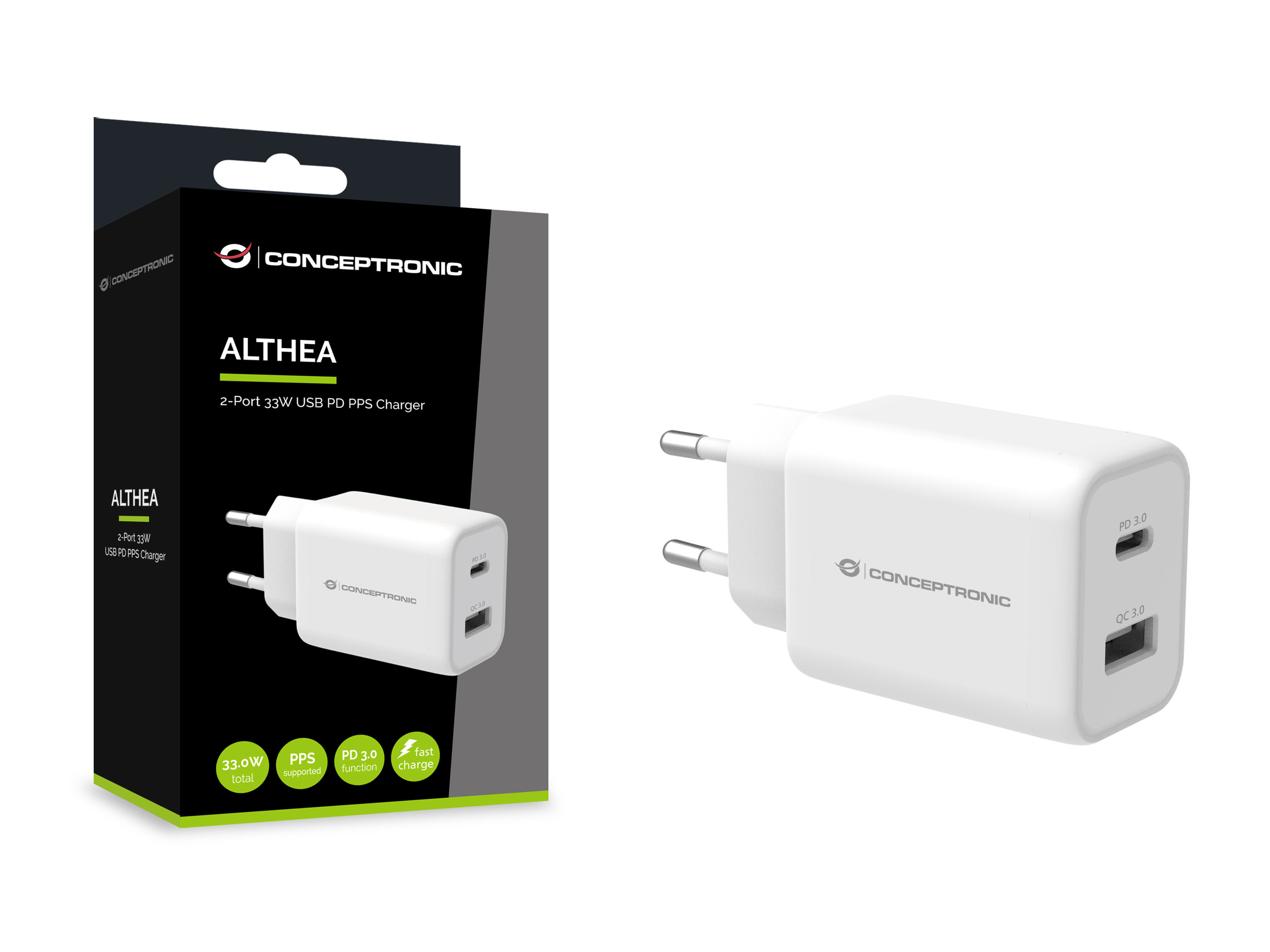 Conceptronic ALTHEA 2-Port 33W USB PD-PPS-Ladegerät - QC 3.0 - Drinnen - AC - 3,3 V - Weiß, Ansicht 3