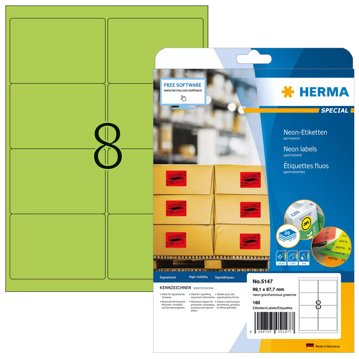 HERMA Special - Papier - matt - permanent selbstklebend - Luminous Green - 99.1 x 67.7 mm 160 Etikett(en) (20 Bogen x 8), Ansicht 4