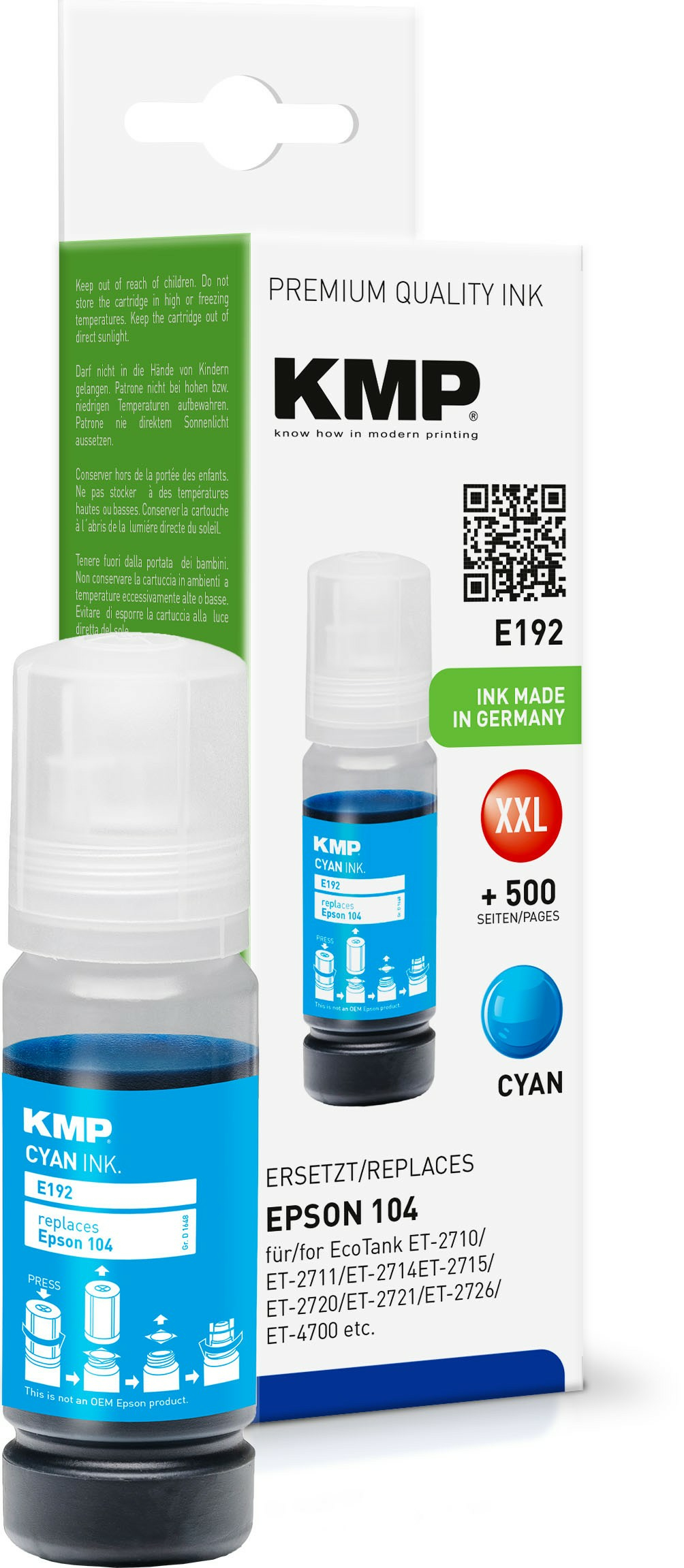 KMP E192 - 70 ml - Cyan - kompatibel - Nachfülltinte (Alternative zu: Epson 104), Ansicht 3