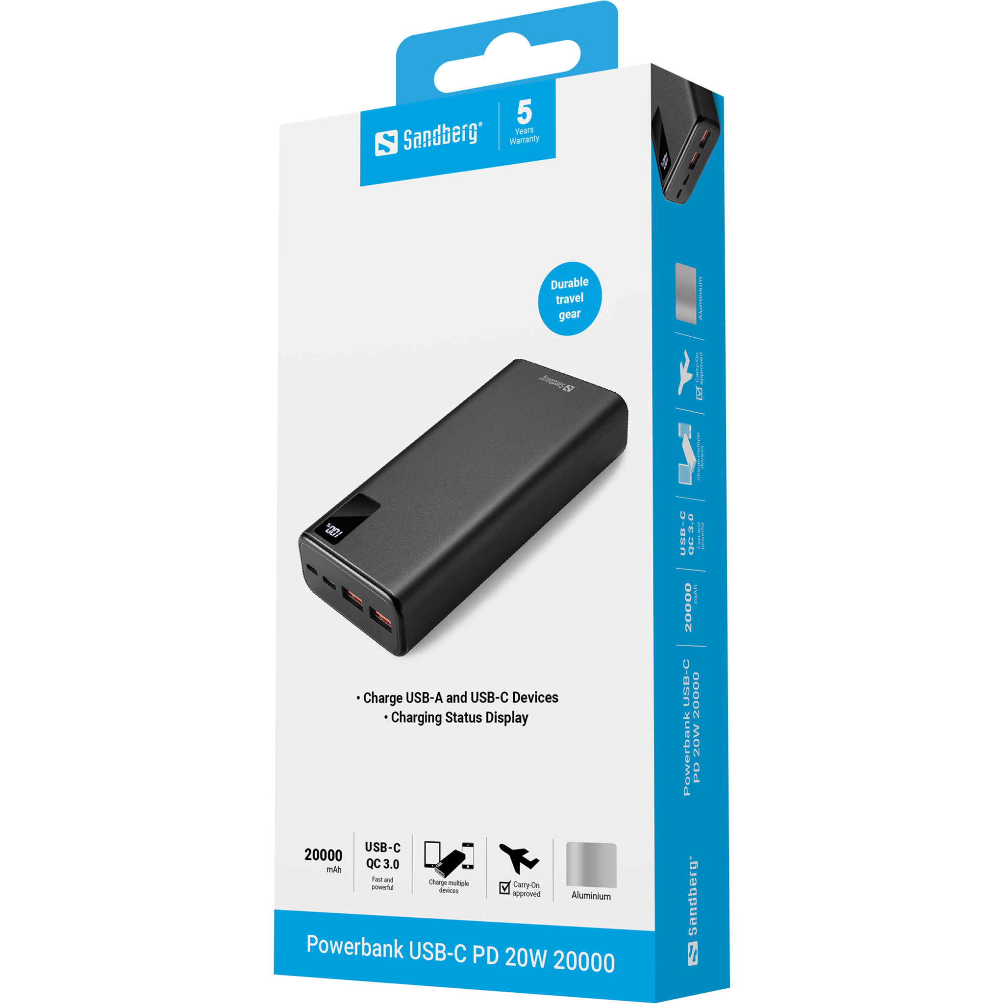 SANDBERG Powerbank - 20000 mAh - 74 Wh - 20 Watt - 3 A - PD, QC 3.0 - 3 Ausgabeanschlussstellen (2 x USB, 24 pin USB-C), Ansicht 2