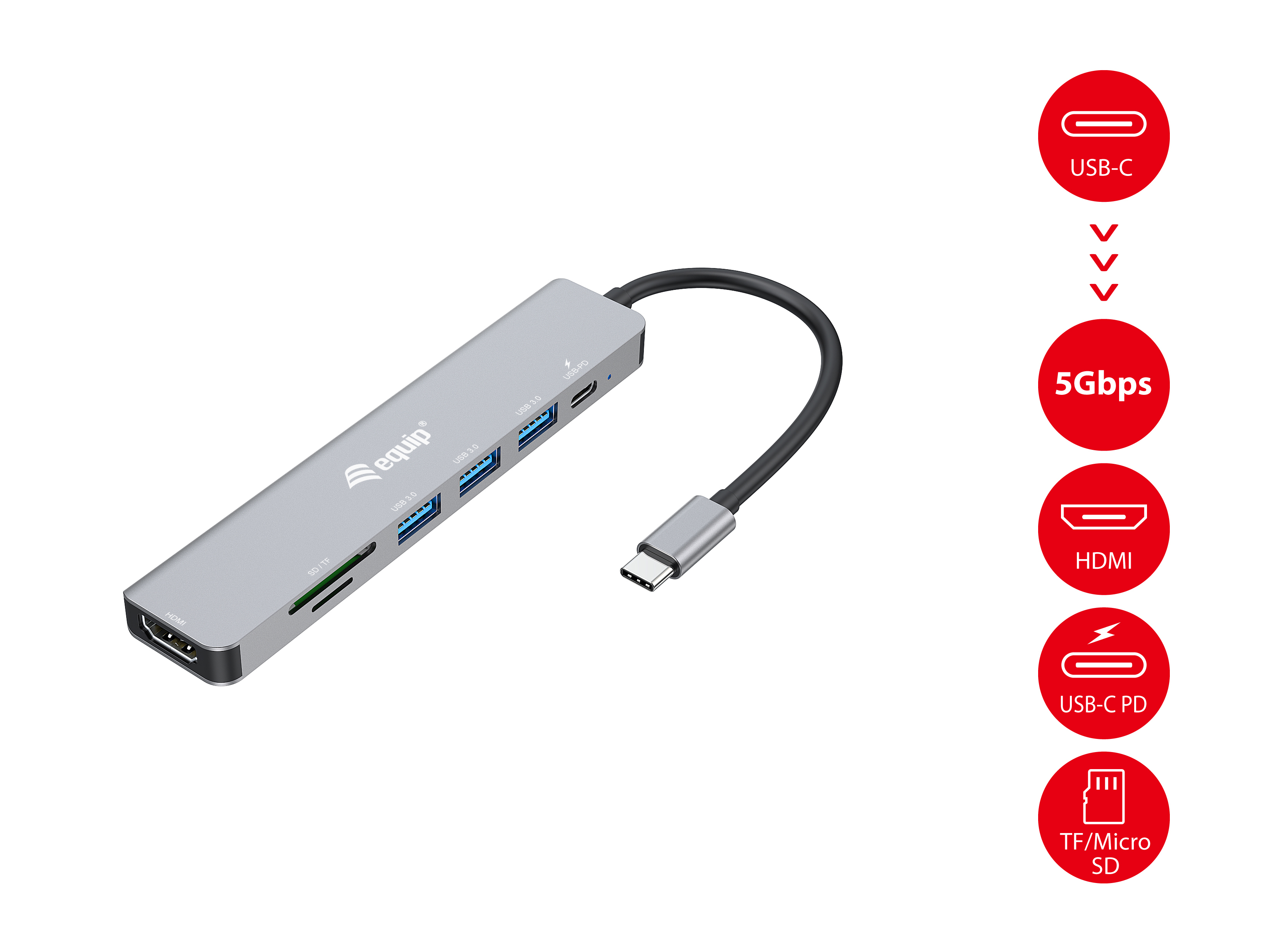 Equip Dock USB-C->HDMI 3x USB3.0 100W PD SD/TF schwarz, Ansicht 2