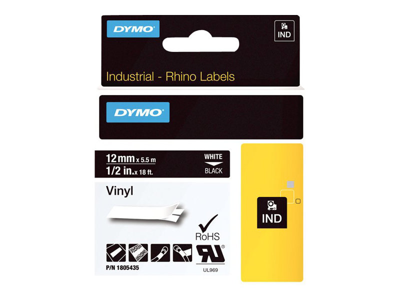 Dymo Rhino Coloured Vinyl - Vinyl - permanenter Klebstoff - Weiß auf Schwarz - Rolle (1,2 cm x 5,5 m), Ansicht 3