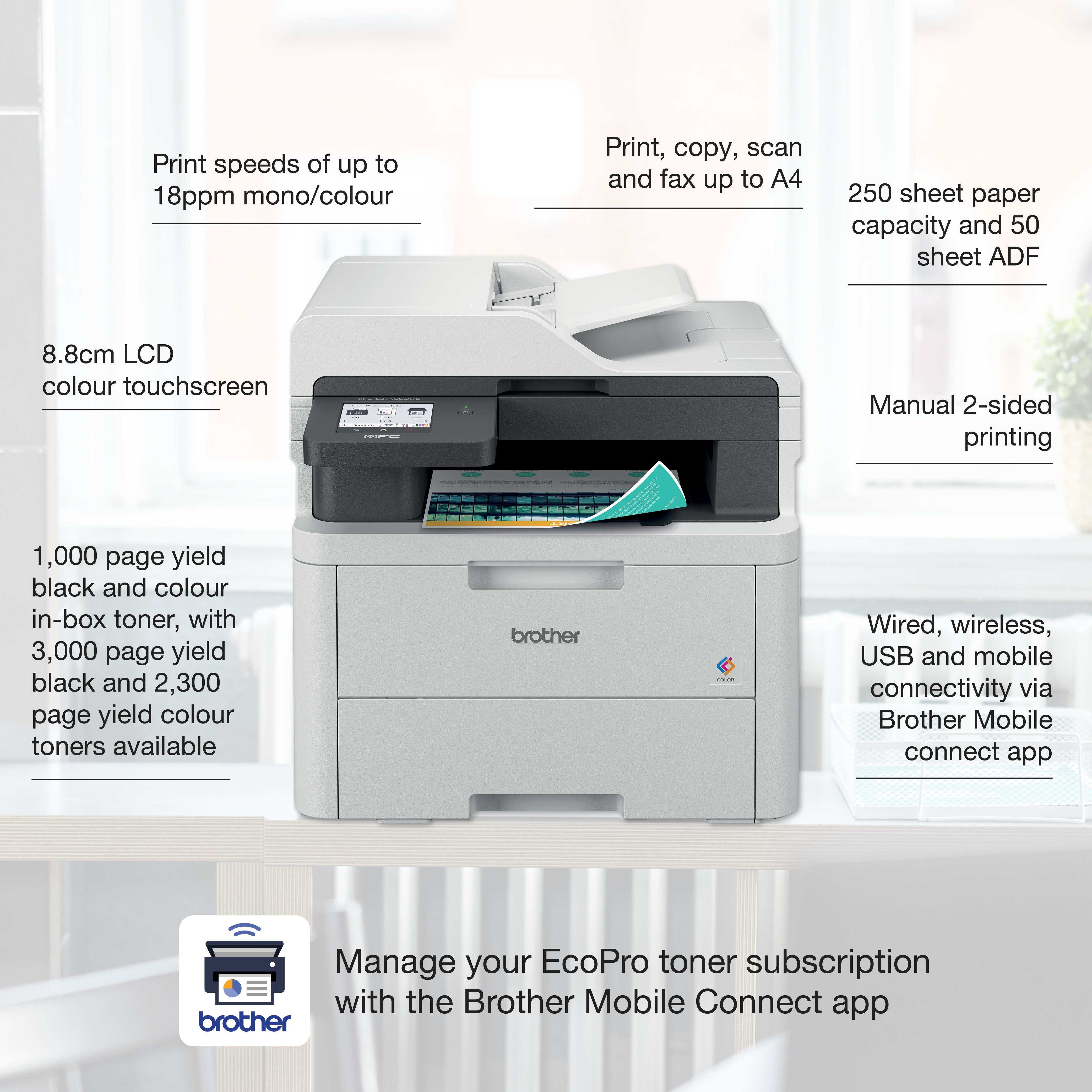 Brother MFC-L3740CDWE - Multifunktionsdrucker - Farbe - LED - A4/Legal (Medien), Ansicht 2