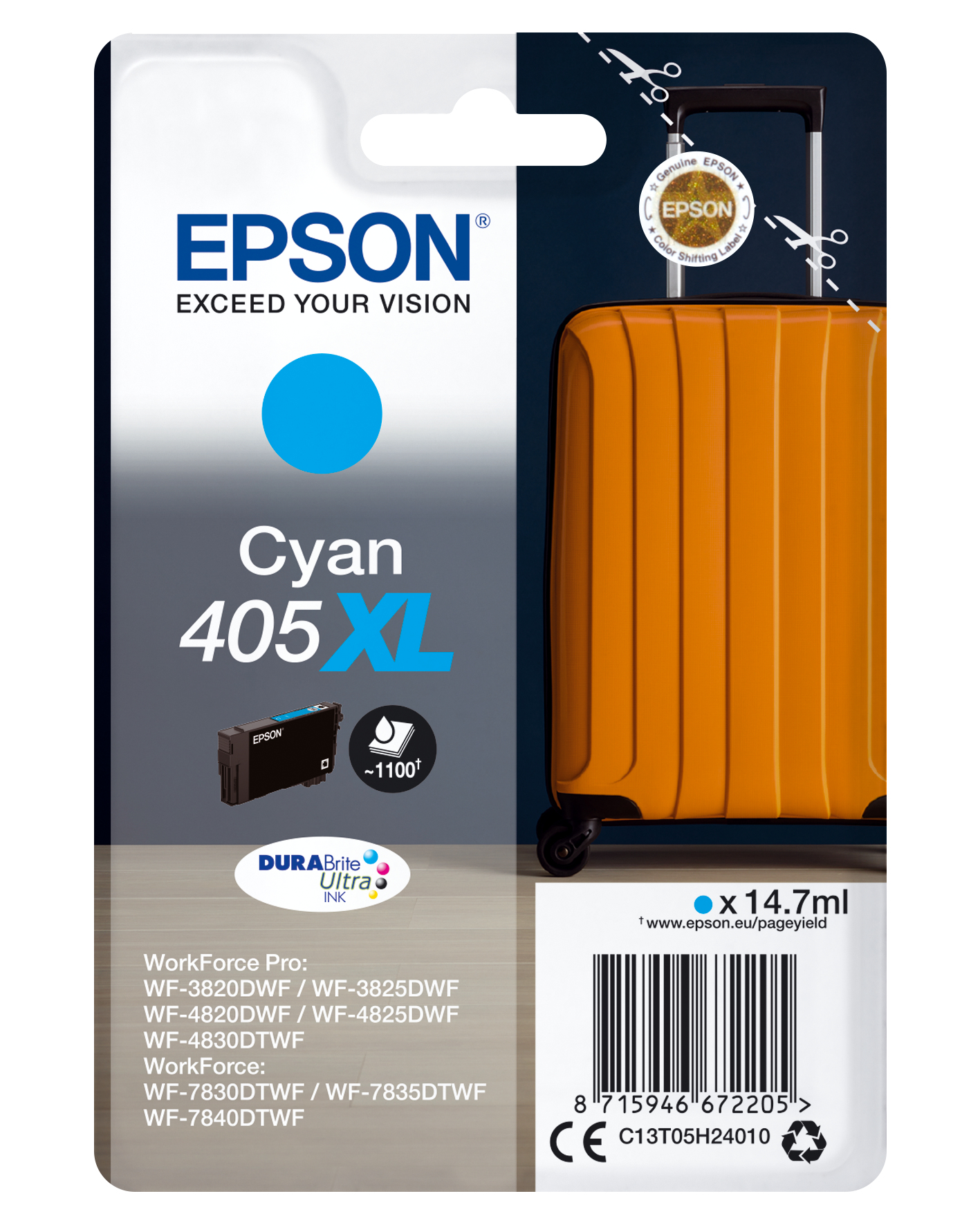 Epson Singlepack Cyan 405XL DURABrite Ultra Ink - Hohe (XL-) Ausbeute - Tinte auf Pigmentbasis - 14,7 ml - 1 Stück(e) - Einzelpackung