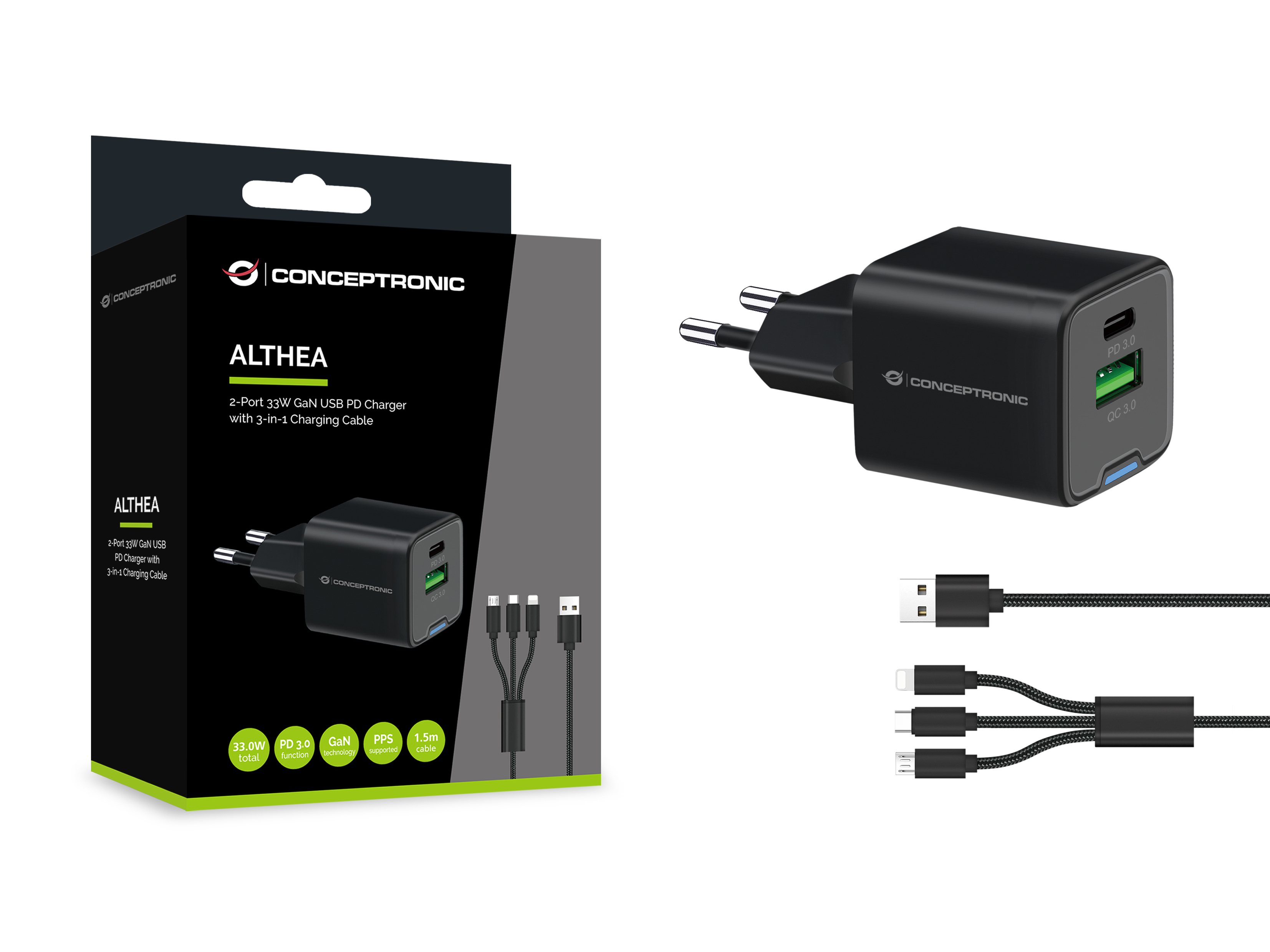 Conceptronic Ladegerät 2Port 33W 1xUSB-C 1xUSB-a+3-in-1 - schwarz, Ansicht 3