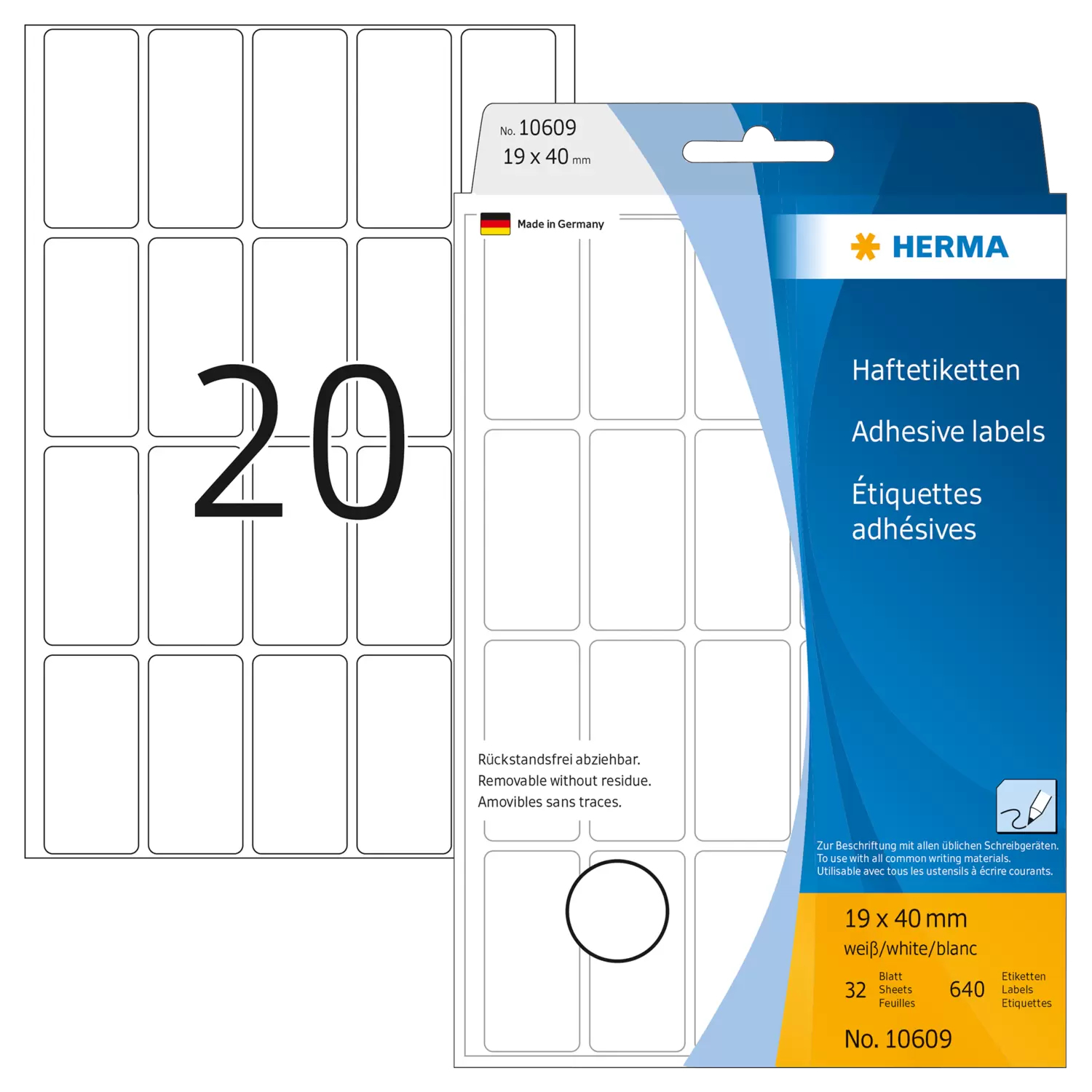 HERMA Movables - Selbstklebend - weiß - 19 x 40 mm 640 Stck. (32 Bogen x 20), Ansicht 2