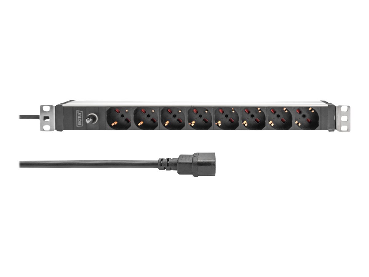 DIGITUS Steckdosenleiste mit Aluminiumprofil und Vorsicherung, 8-fach italienischer Ausgang, 2 m Zuleitung IEC C14 Stecker
