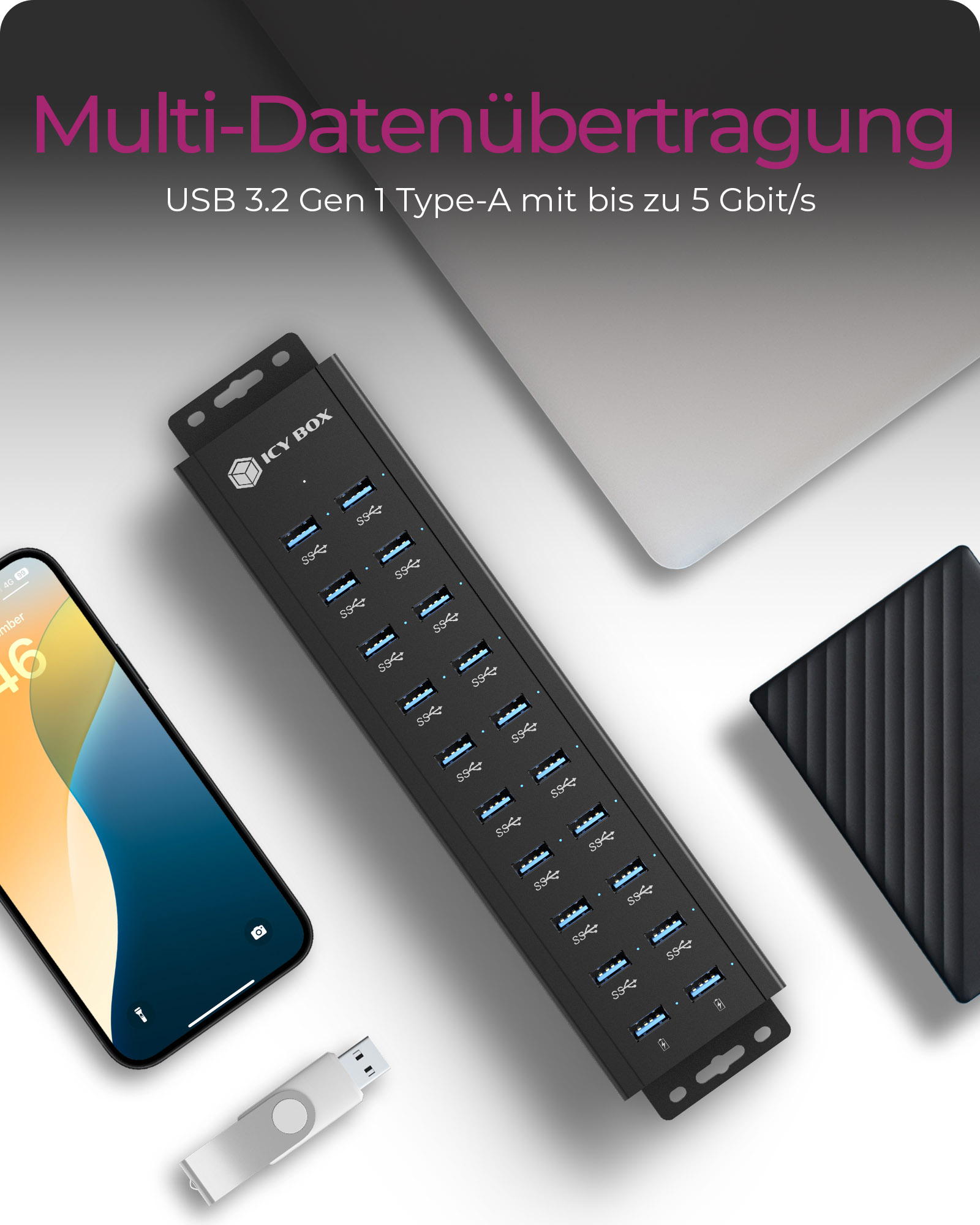 ICY BOX IB-HUB1720-U3 - Hub - 18 x USB 3.2 Gen 1 + 2 x USB, Ansicht 4