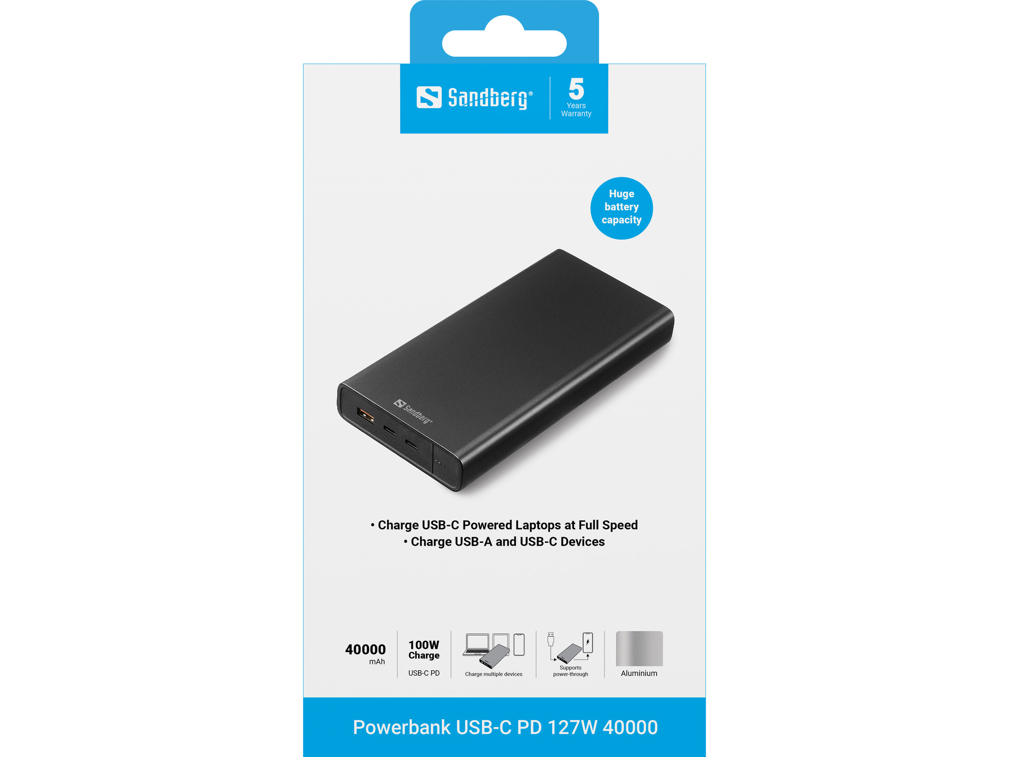 SANDBERG Powerbank - 38400 mAh - 142 Wh - 100 Watt - 3 A - PD - 3 Ausgabeanschlussstellen (2 x USB, 24 pin USB-C), Ansicht 3