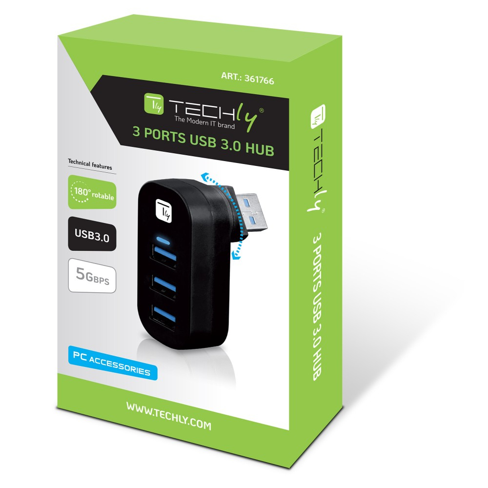 Techly Mini Rotating Hub with 3 USB 3.0 Ports Juodas, Ansicht 2