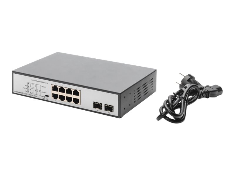 DIGITUS 8-Port Gigabit PoE Netzwerkswitch, Desktop, unmanaged, 2 Uplink Ports, SFP, 180 W, af/at/bt