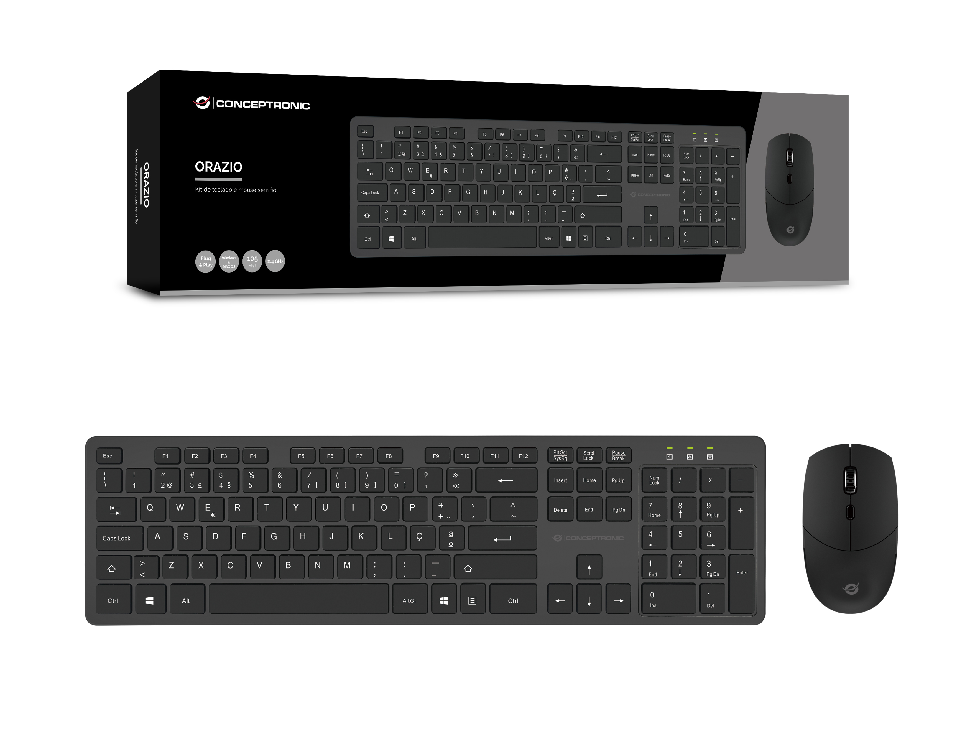 Conceptronic ORAZIO - Tastatur-und-Maus-Set - kabellos - 2.4 GHz - Schwarz - TL: Portugiesisch, QWERTY, Ansicht 3