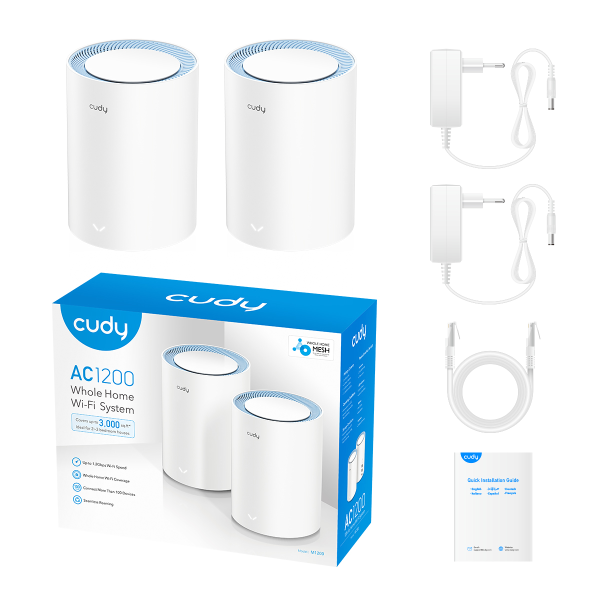 CUDY M1200 2-pack - Weiß - Intern - Mesh-System - Mit kugelförmiger Richtcharakteristik - 278 m² - Dual-Band (2,4/5 GHz), Ansicht 2