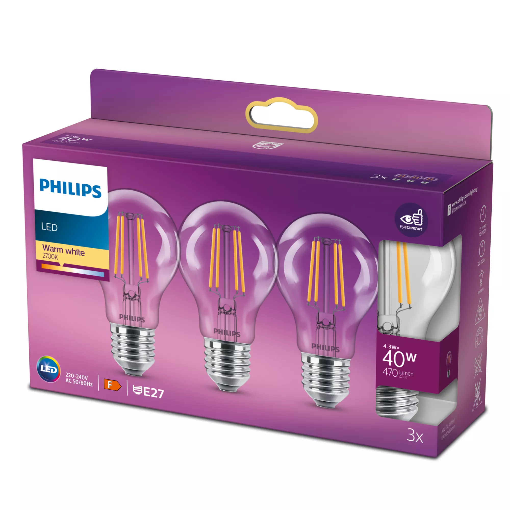 Signify Philips - Glühbirne mit LED-Filament - Form: A60 - klar Finish - E27 - 4.3 W (Entsprechung 40 W), Ansicht 3