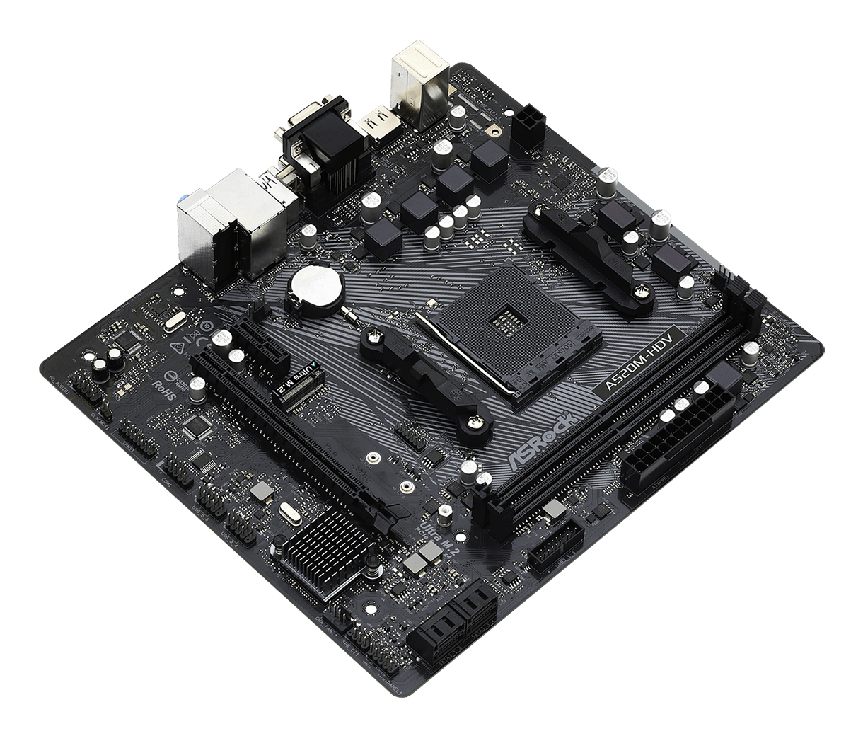 ASRock A520M-HDV - Motherboard - micro ATX - Socket AM4 - AMD A520 Chipsatz - USB 3.2 Gen 1 - Gigabit LAN - Onboard, Ansicht 2
