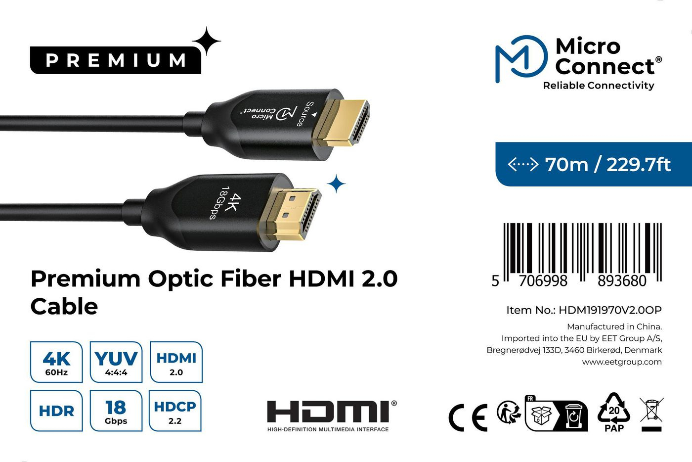 MicroConnect HDM191970V2.0OP - 70 m - HDMI Typ A (Standard) - HDMI Typ A (Standard) - 4096 x 2160 Pixel - 3D - Schwarz, Ansicht 4