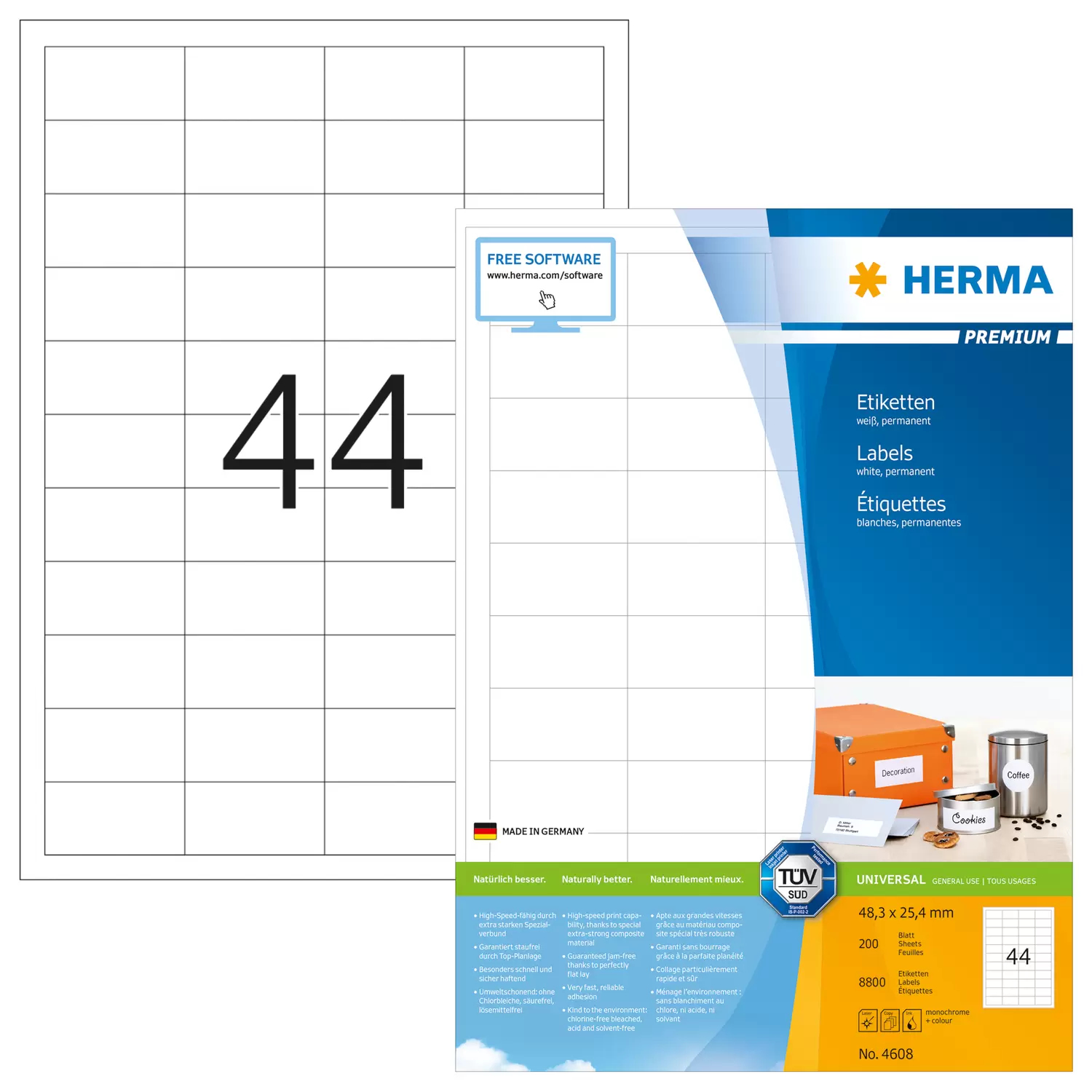 HERMA Premium - Papier - matt - permanent selbstklebend - weiß - 48.3 x 25.4 mm 8800 Etikett(en) (200 Bogen x 44), Ansicht 4
