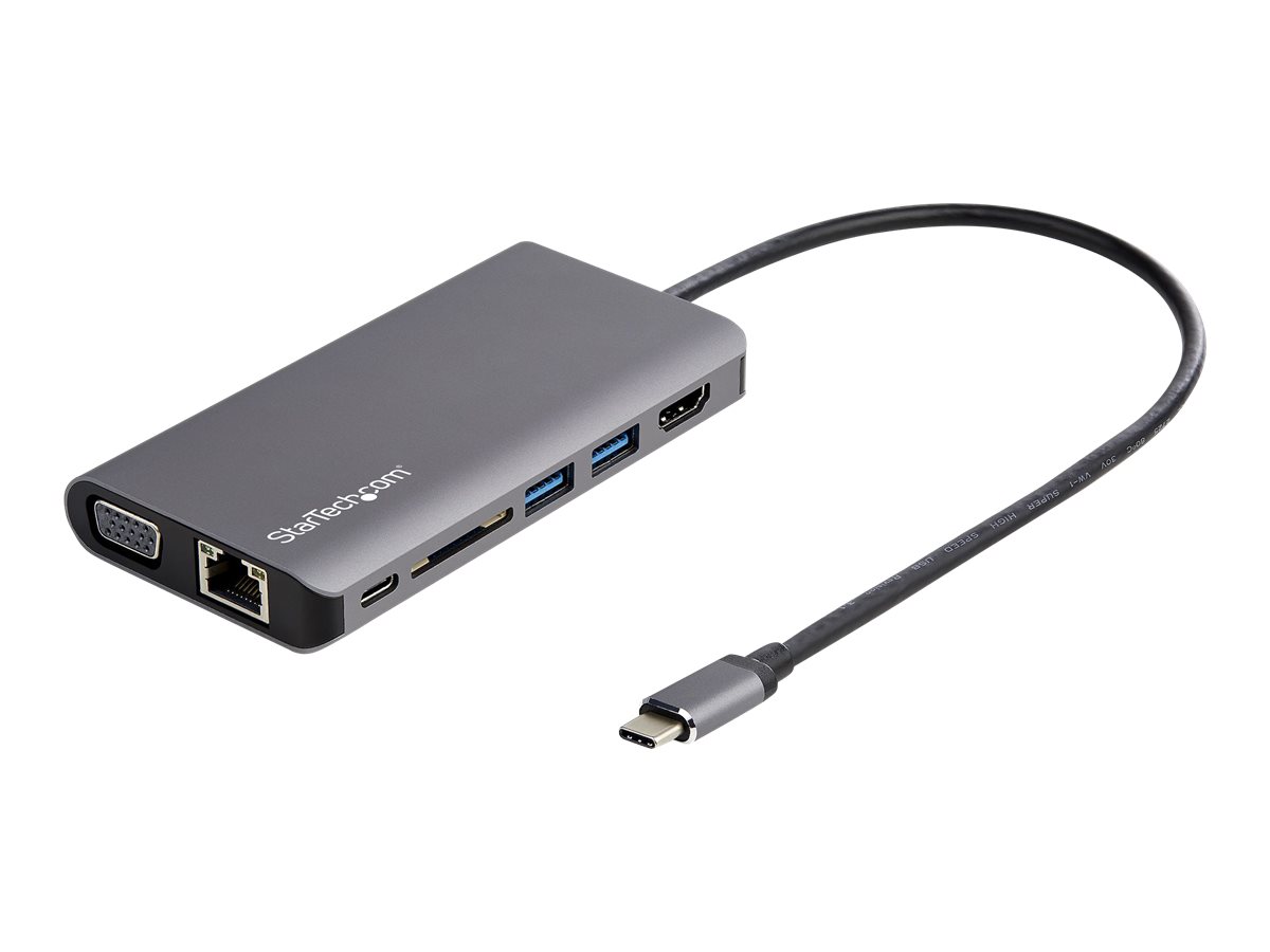 StarTech.com USB C Multiport Adapter, USB-C Mini Travel Dock with 4K HDMI or 1080p VGA, 3x USB 3.0 Hub, SD, GbE, Audio, 100W PD Pass-Through, Portable Docking Station for Laptop/Tablet - USB 3.0 Mini Dock - Dockingstation - USB-C - VGA, HDMI - GigE