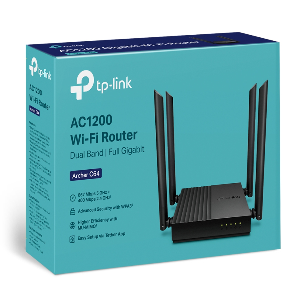 TP-LINK Archer C64 - Wi-Fi 5 (802.11ac) - Dual-Band (2,4 GHz/5 GHz) - Eingebauter Ethernet-Anschluss - Schwarz, Ansicht 2