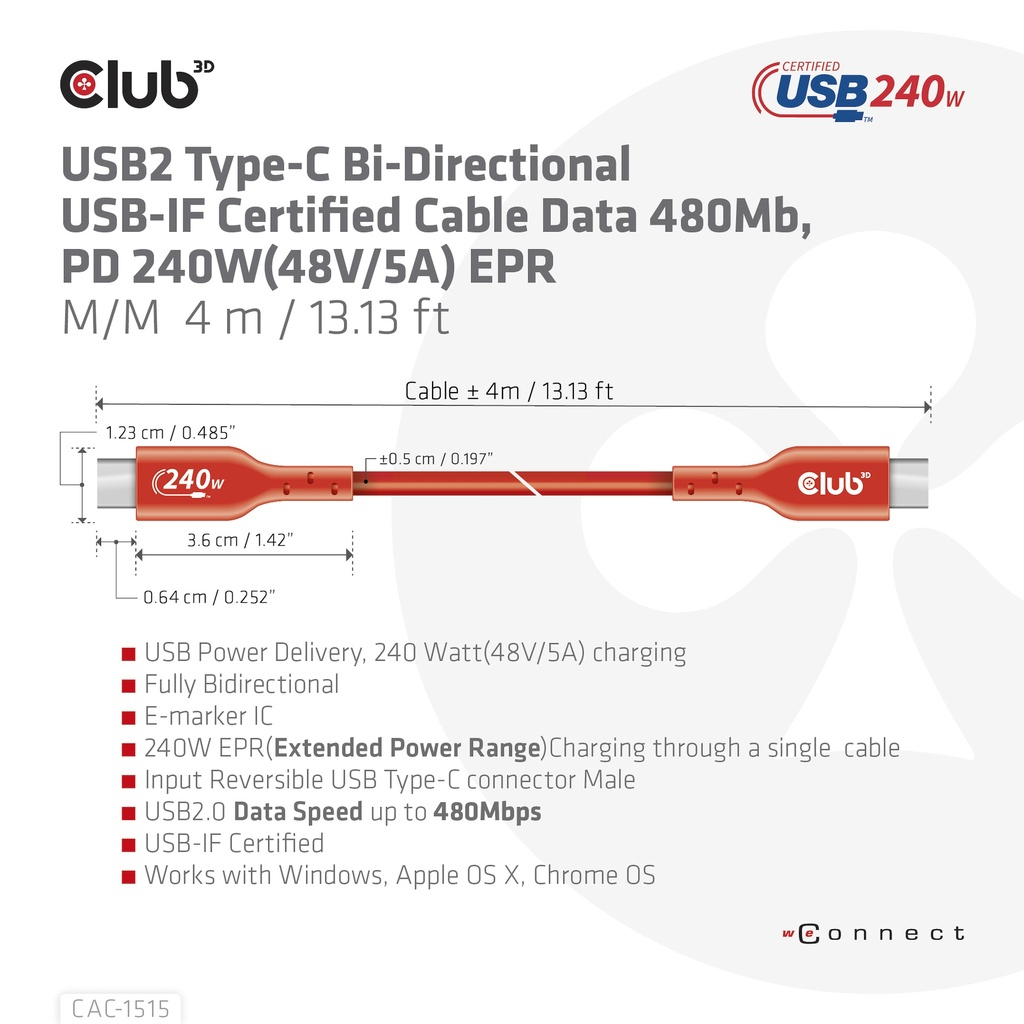 Club 3D USB-Kabel - 24 pin USB-C (M) zu 24 pin USB-C (M) - USB 2.0 - 48 V - 5 A - 4 m - bi-direktional - bis zu 240 W, Ansicht 4