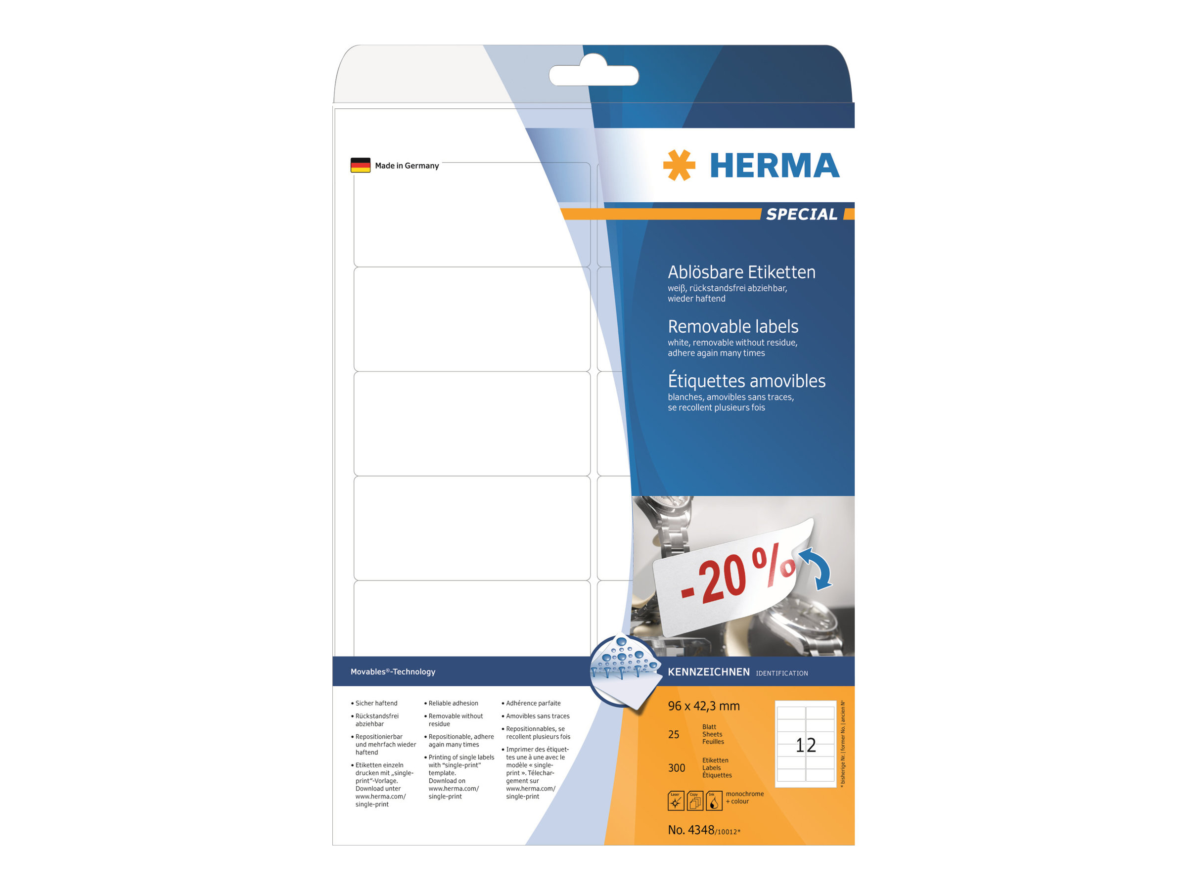 HERMA Special - Papier - matt - selbstklebend, entfernbarer Klebstoff - weiß - 96 x 42.3 mm 300 Etikett(en), Ansicht 3