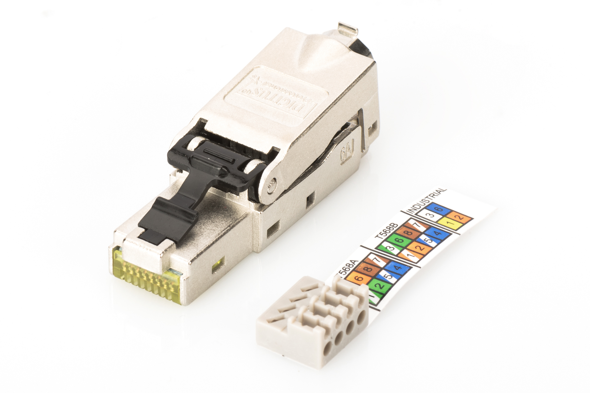 DIGITUS CAT 6A Feldstecker, STP mit Staubschutzkappe, Knickschutz, RJ-45, Edelstahl, Cat6, 1 A, 78 g, 12,5 mm