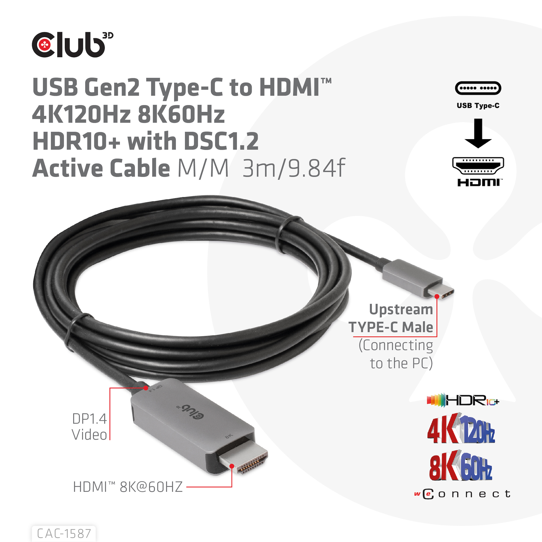 Club 3D Adapterkabel - 24 pin USB-C männlich zu HDMI männlich - 3 m - aktiv, Support von 4K 120 Hz, unterstützt 8K 60 Hz, Ansicht 2